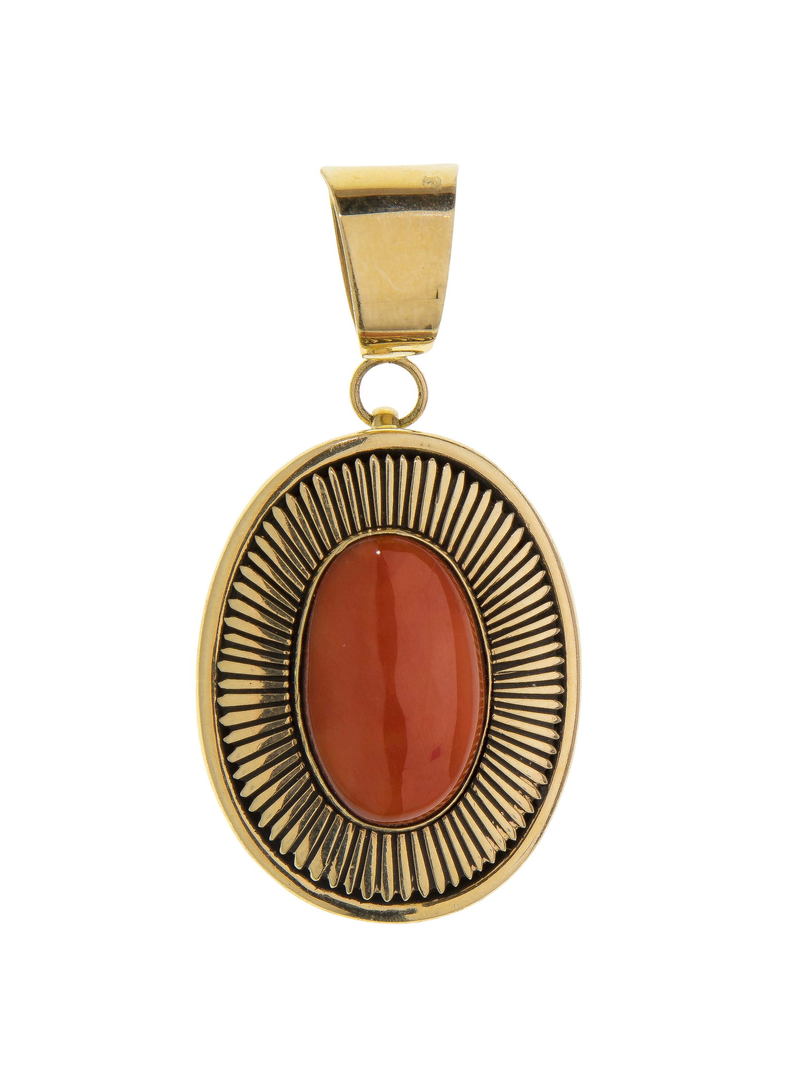14k Yellow Gold and Coral Pendant: 14k Yellow Gold and Coral Pendant An oval cut coral cabochon set in a radially textured setting (marked '14k') Property from: an Estate, Chicago (Rogers Park), Illinois Length: 2 1/8 inches, Width: 1 