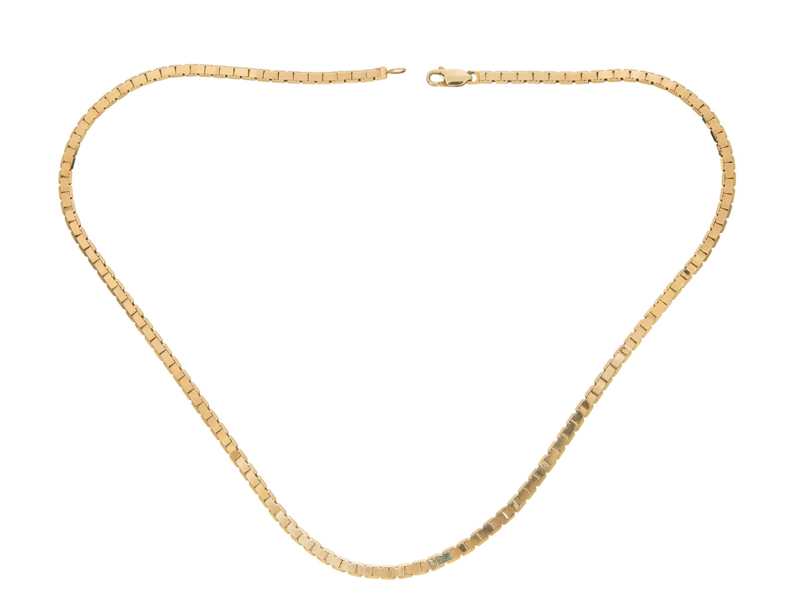 14k Yellow Gold Necklace: 14k Yellow Gold Necklace A 0.125-inch box link chain necklace (marked '14k') Property from: an Estate, Mokena, Illinois Length: 18 inches Weight: 14k gold: 11.99 dwts. (total) Condition: overall light