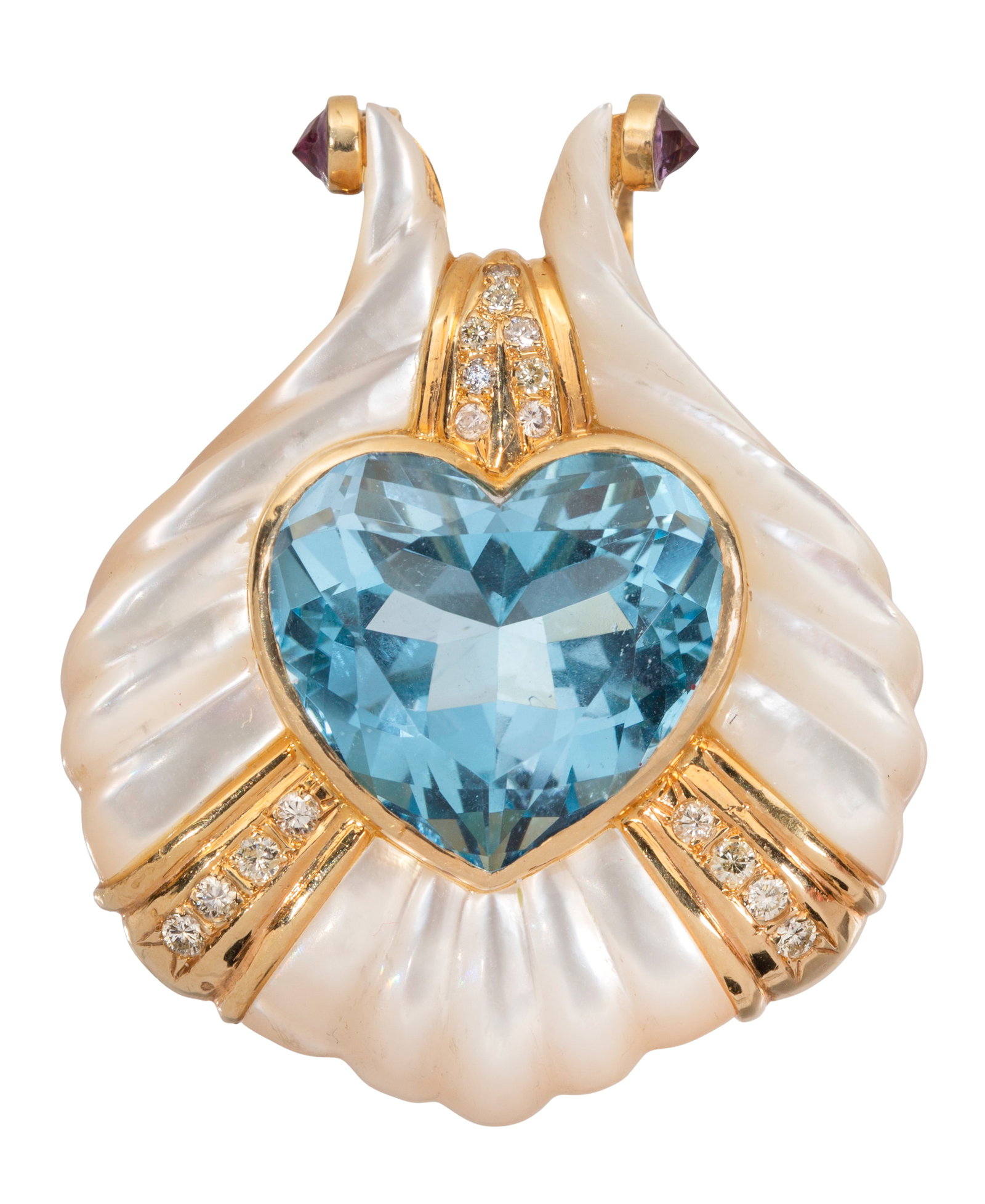 14k Yellow Gold, Blue Topaz, Amethyst and Diamond Pendant: 14k Yellow Gold, Blue Topaz, Amethyst and Diamond Pendant A slide style having an approximately 18 x 19.5mm heart cut blue topaz, surrounded by mother-of-pearl and accent diamonds as well as faceted a