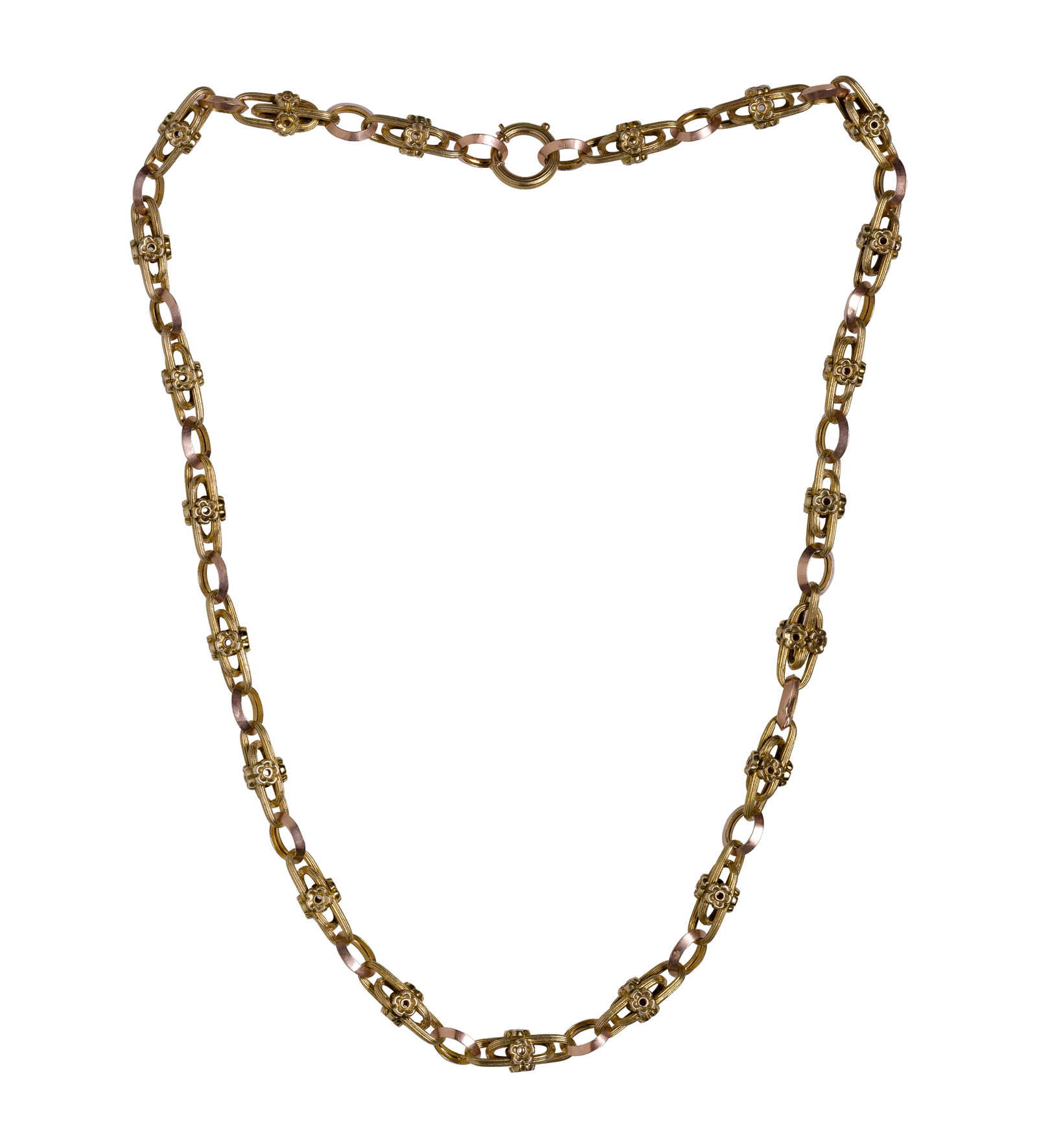 18k Yellow Gold Necklace: 18k Yellow Gold Necklace A double link daisy motif necklace (unmarked 18k gold) Property from: an Estate, Chicago (Rogers Park), Illinois Length: 18 inches Weight: 18k gold: 13.13 dwts. (total) Condit