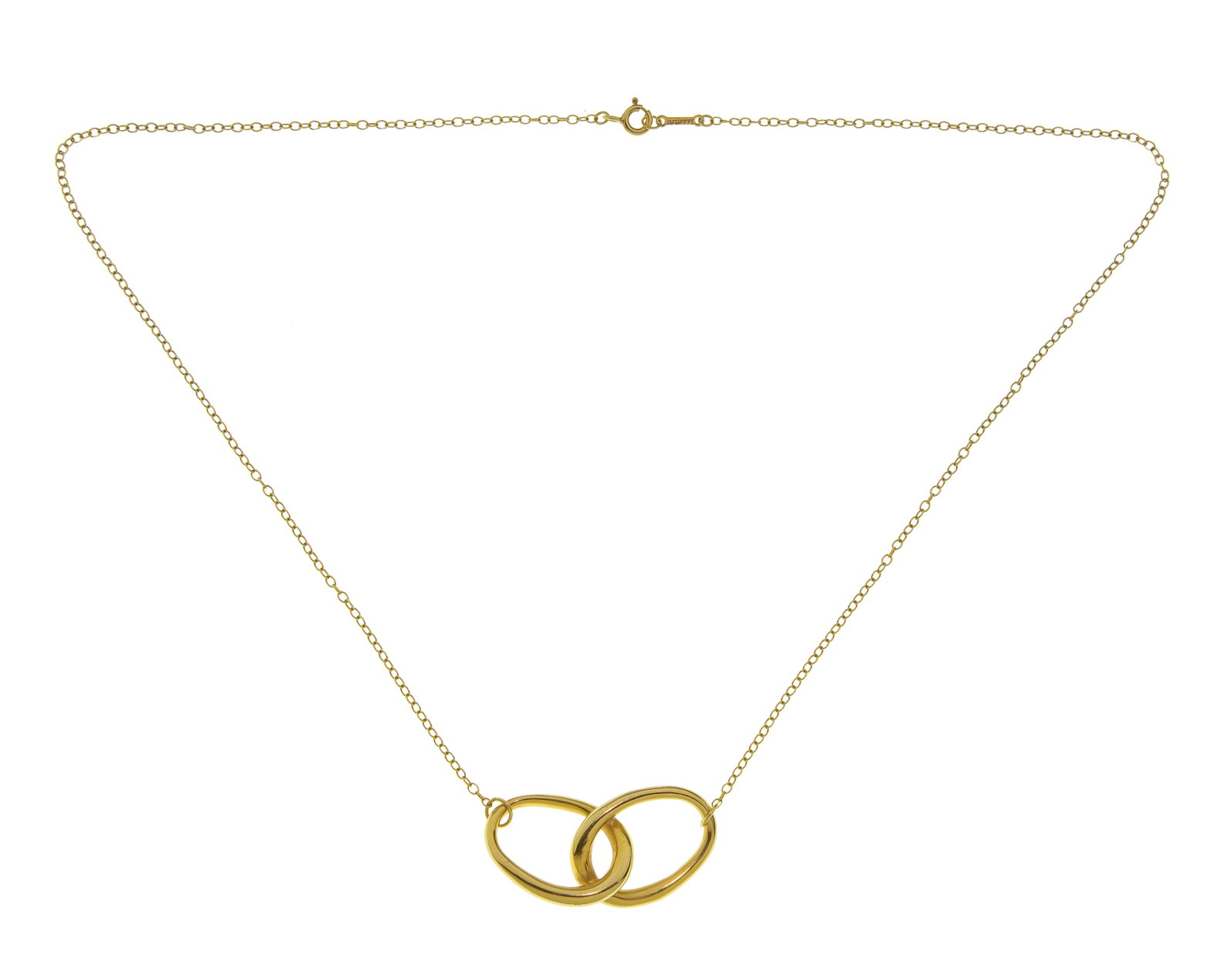 Elsa Peretti for Tiffany & Co. 18k Yellow Gold Necklace: Elsa Peretti for Tiffany & Co. 18k Yellow Gold Necklace Having interlocking ovals attached to a chain necklace (marked '750', 'Elsa Peretti', 'Tiffany & Co') Property from: a Private Collector, Lake F