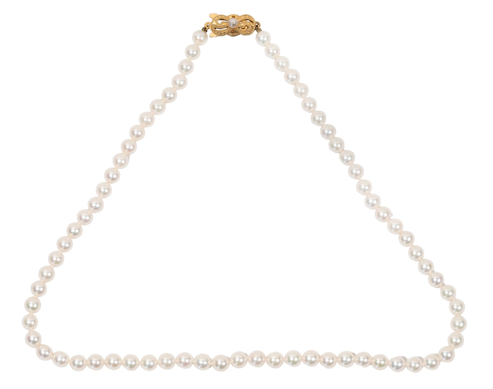 Mikimoto 18k Yellow Gold and Pearl Necklace: Mikimoto 18k Yellow Gold and Pearl Necklace A single strand of approximately 5.5mm pearls in a choker style (hallmarked, marked '750') Property from: an Estate, Mokena, Illinois Length: 16 inches Weig