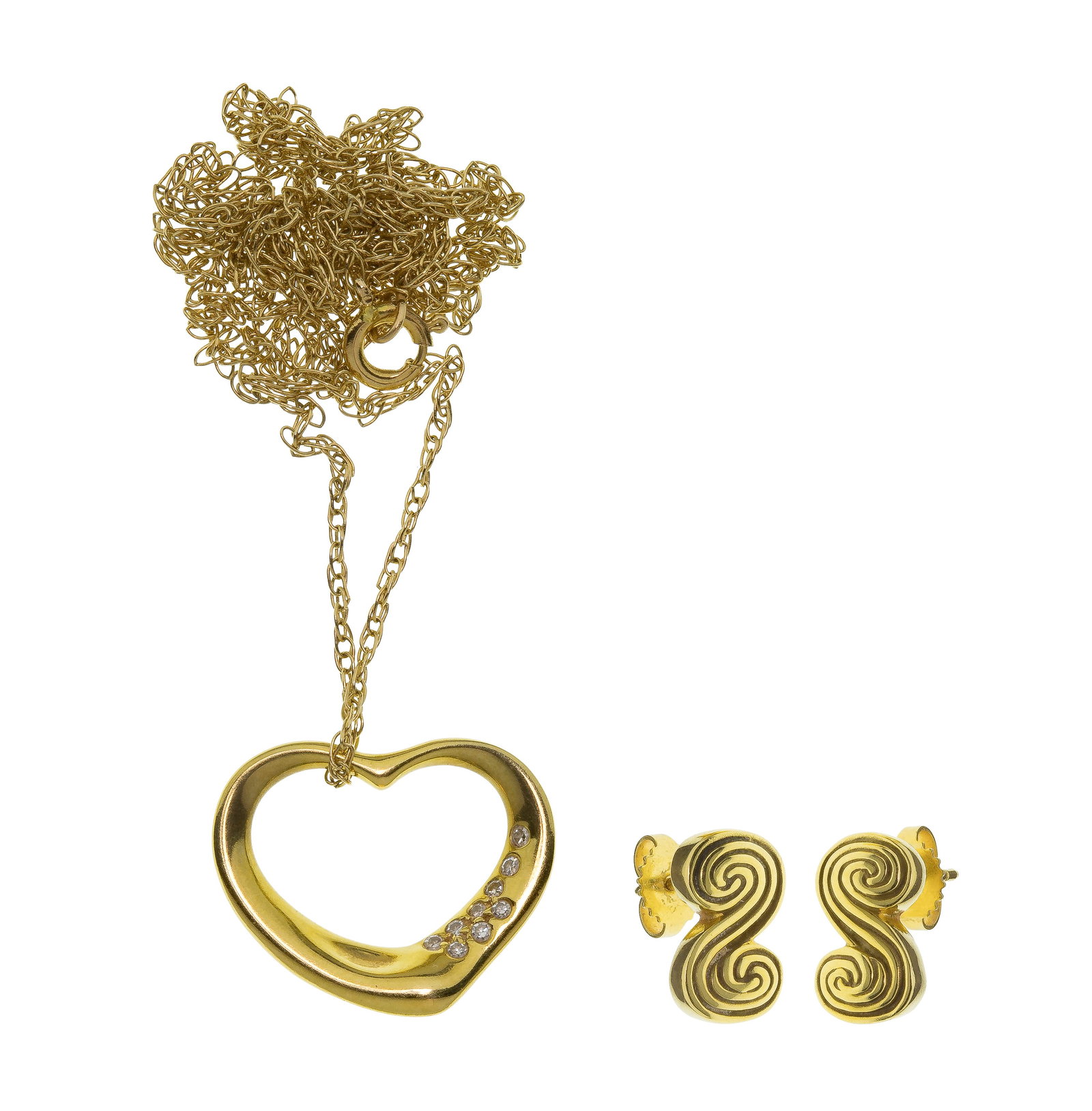 Tiffany & Co. 18k Yellow Gold Necklace and Earrings: Tiffany & Co. 18k Yellow Gold Necklace and Earrings (2) items including a pair of Spiro scroll swirl pierced earrings and a floating heart pendant necklace having accent diamonds (both marked Tiffany 