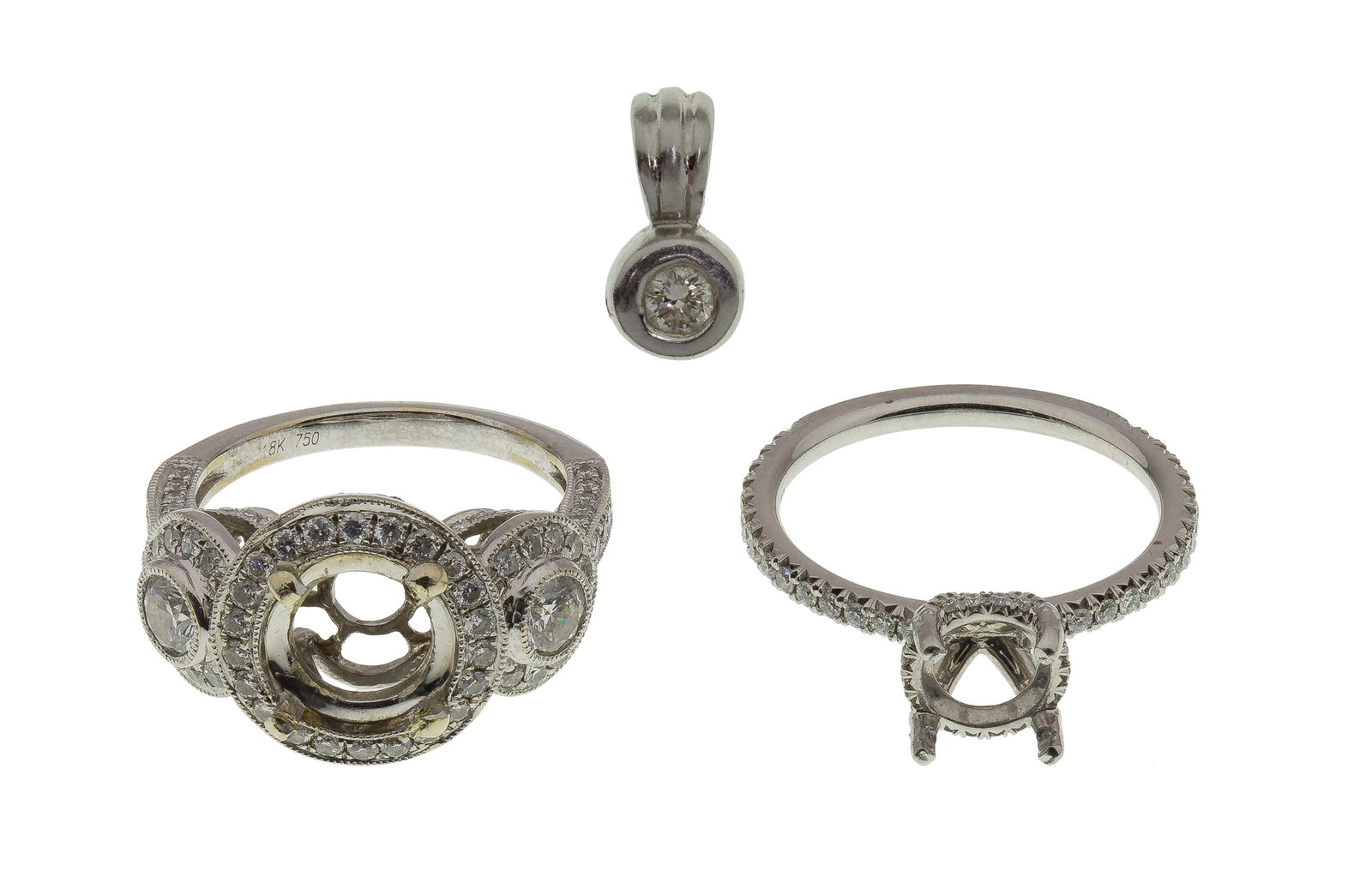 Platinum and Diamond Pendant and Ring Settings: Platinum and Diamond Pendant and Ring Settings (3) total items including a ring setting having round cut diamonds on the shank and shoulders (marked '950') and a pendant having a round cut diamond (ma