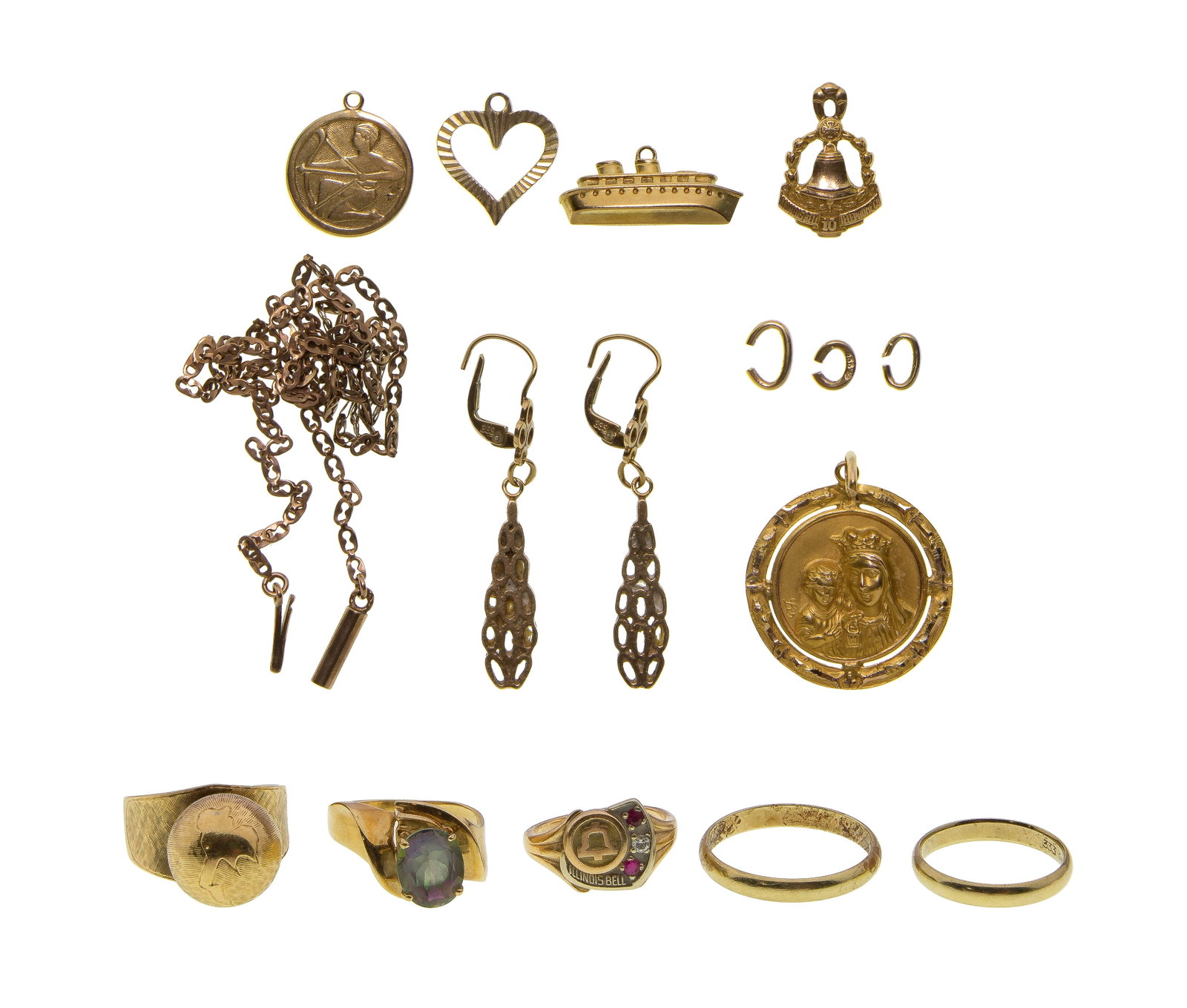 10k and 8k Yellow Gold Jewelry Assortment: 10k and 8k Yellow Gold Jewelry Assortment (13) items including (3) rings, (2) pendants and a fragment (most marked '10k') as well as (2) rings, (2) pendants, a link style necklace, a pair of earrings,