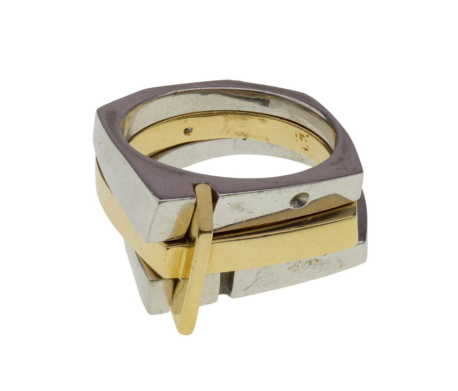 14k Bi-Color Gold Puzzle Ring Set: 14k Bi-Color Gold Puzzle Ring Set (3) interconnecting bands forming a single, cohesive design, yellow gold band having accent diamond on back side (marked '14k') Property from: an Estate, Chicago (Rog