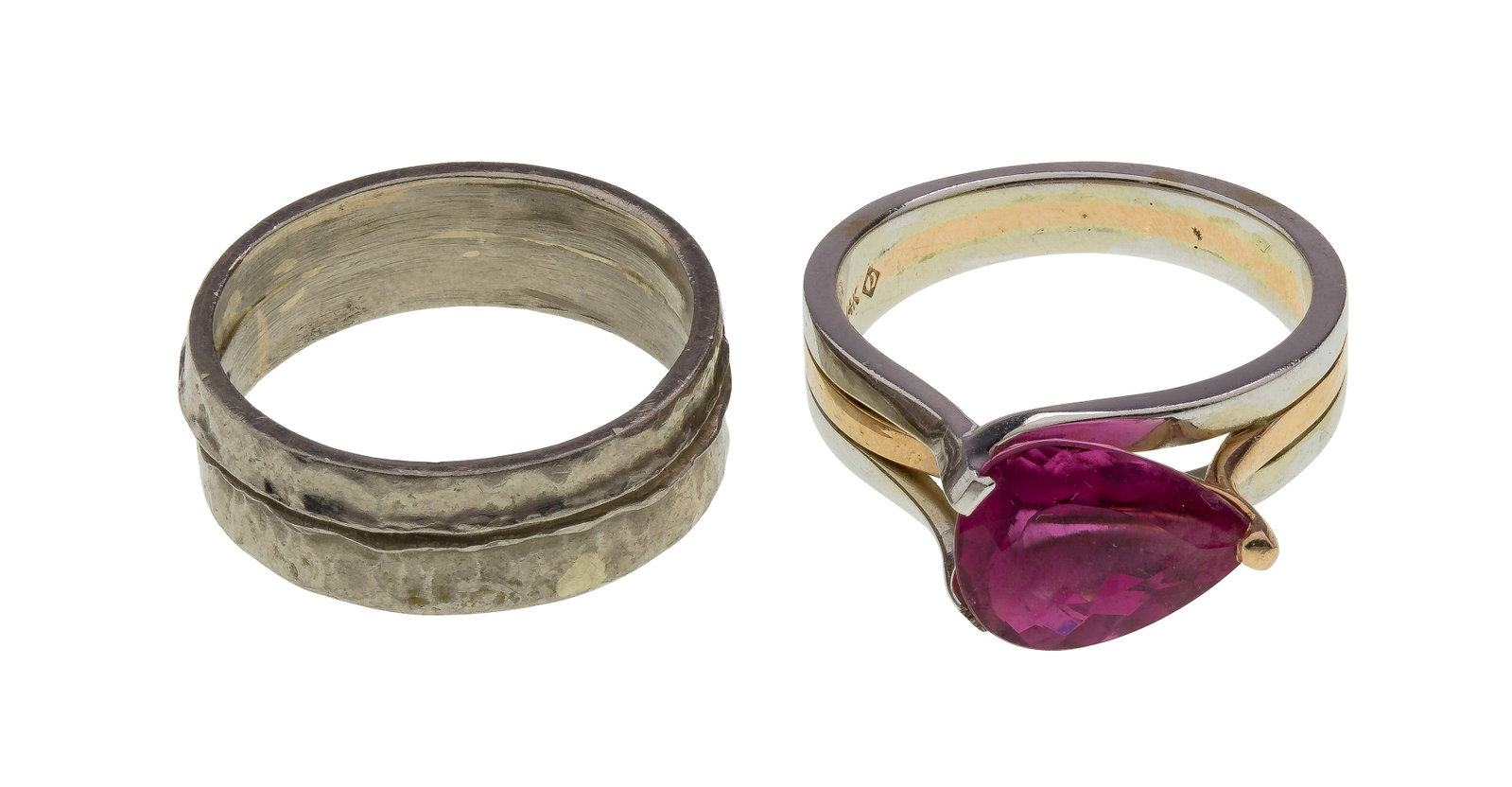 14k Gold Rings: 14k Gold Rings (2) items including a rose and white gold having a pear cut rubellite tourmaline and a hammered style band (both marked '14k') Property from: an Estate, Chicago (Rogers Park), Illinois 