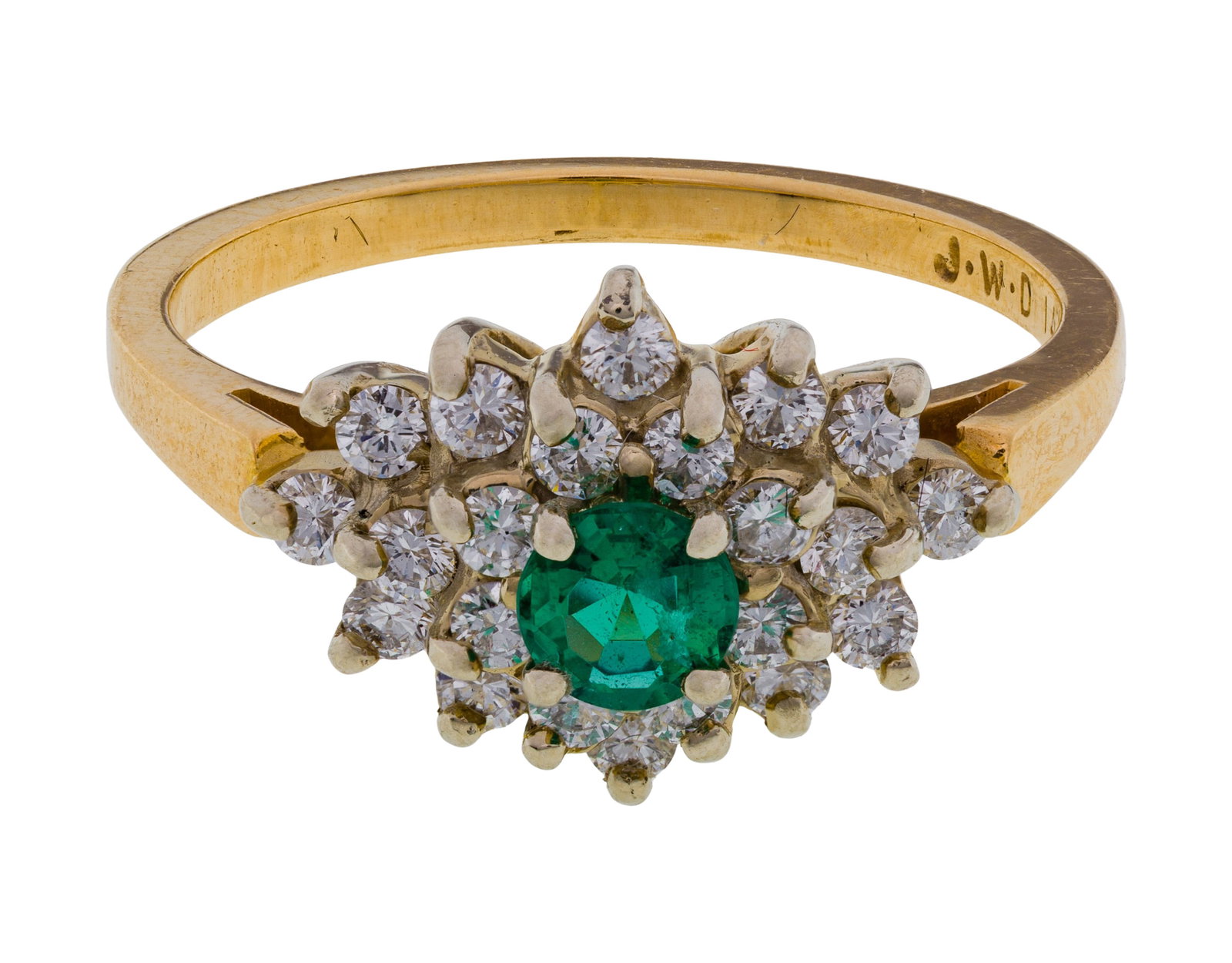 14k Yellow and White Gold, Emerald and Diamond Ring: 14k Yellow and White Gold, Emerald and Diamond Ring A round cut emerald surrounded by a starburst of round cut accent diamonds (marked '14k') Property from: a Private Collector, Chicago (Irving