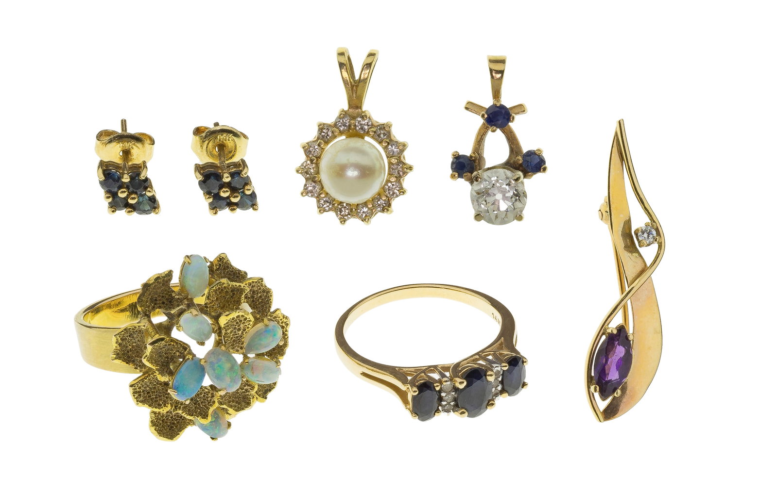 14k Yellow Gold Jewelry Assortment: 14k Yellow Gold Jewelry Assortment (6) items including a ring having three oval cut sapphires and diamond accents, an opal statement ring, a sapphire and diamond pendant, a pearl pendant having a diam