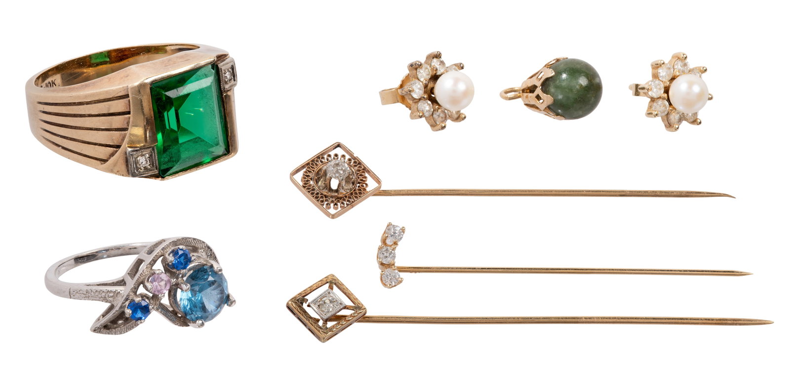 14k, 10k and 9k Gold Jewelry Assortment: 14k, 10k and 9k Gold Jewelry Assortment (8) items including (2) diamond accented stick pins, a pair of pearl pierced earrings, a pair of diamond accented earring jackets (most marked '14k'), a diamond