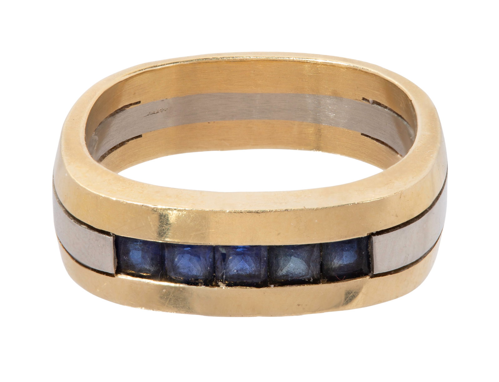 18k Bi-Color Gold and Sapphire Ring: 18k Bi-Color Gold and Sapphire Ring A square shape having a channel set row of princess cut sapphires (marked '18k') Property from: an Estate, Chicago (Rogers Park), Illinois Size: 10 Weight: 18k gold