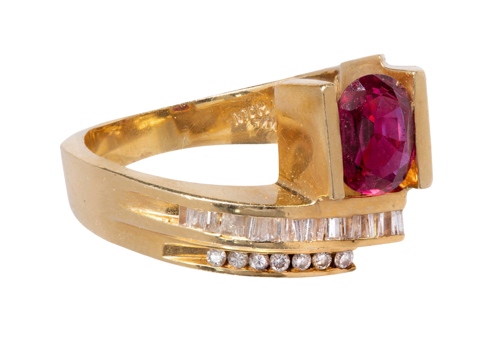 18k Yellow Gold Ruby and Diamond Ring: 18k Yellow Gold Ruby and Diamond Ring A pressure set oval cut ruby topped by two rows of baguette and round cut channel set diamond accents (poorly marked) Property from: an Estate, Chicago (Rogers Pa