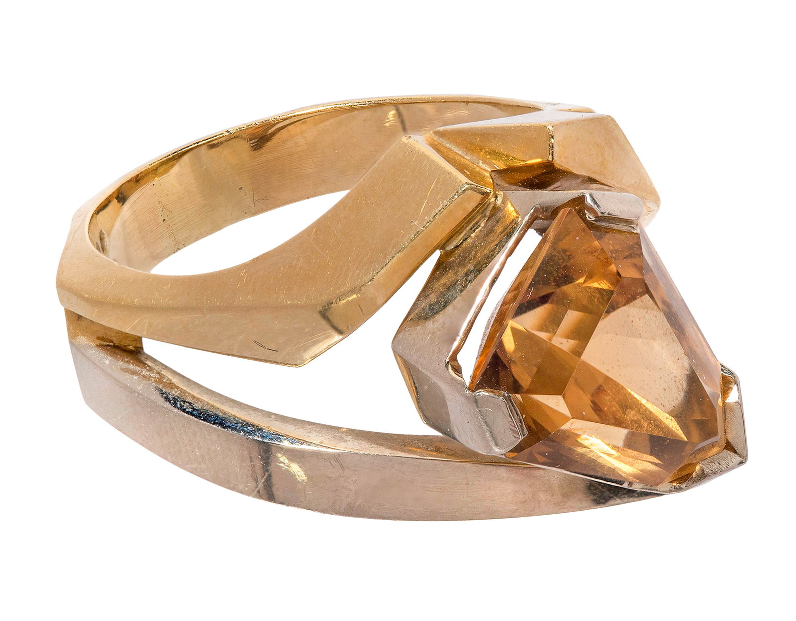 18k Yellow Gold and Citrine Ring: 18k Yellow Gold and Citrine Ring A cocktail style ring having an approximately 16 x 12mm trillion cut citrine (marked 'MCH' and '18k') Property from: an Estate, Chicago (Rogers Park), Illinois Size: 1