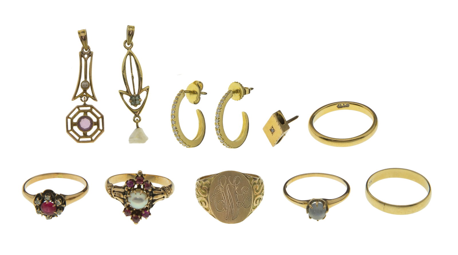 18k and 10k Yellow Gold Jewelry Assortment: 18k and 10k Yellow Gold Jewelry Assortment (10) items including a pair of diamond accented pierced earrings and a band style ring (marked '18k') as well as (5) rings consisting of a band, a round cut 