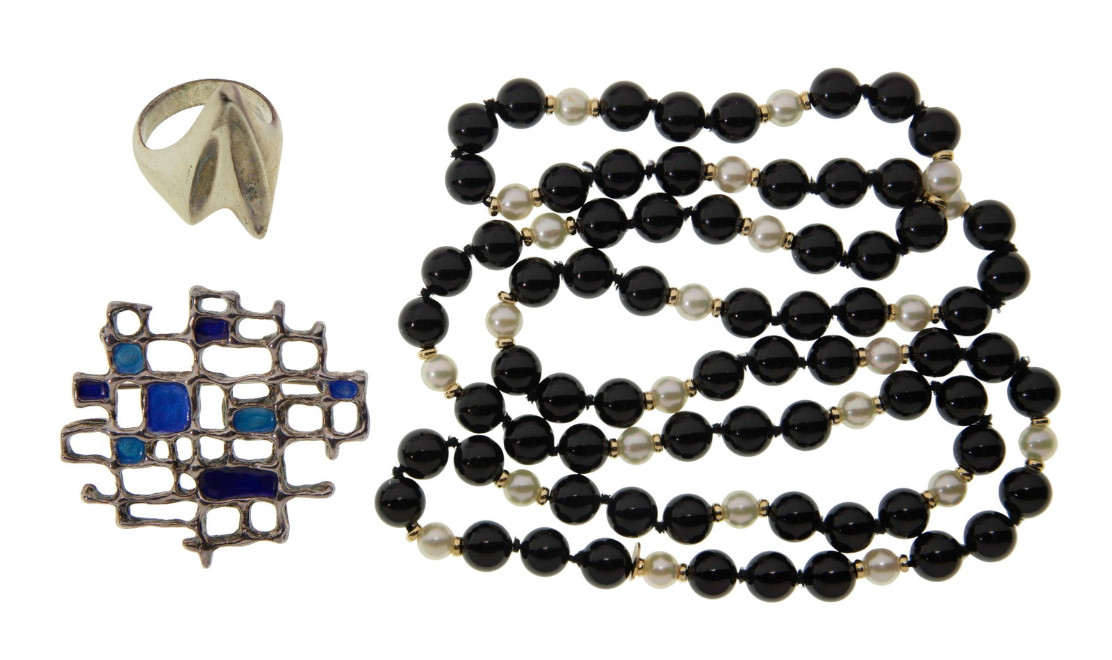 Tiffany & Co. 14k Yellow Gold, Pearl and Onyx Necklace: Tiffany & Co. 14k Yellow Gold, Pearl and Onyx Necklace (3) total items including a necklace having gold spacers (marked 'Tiffany & Co / 14k'); together with a #127 modernist ring (marked 'George Jense