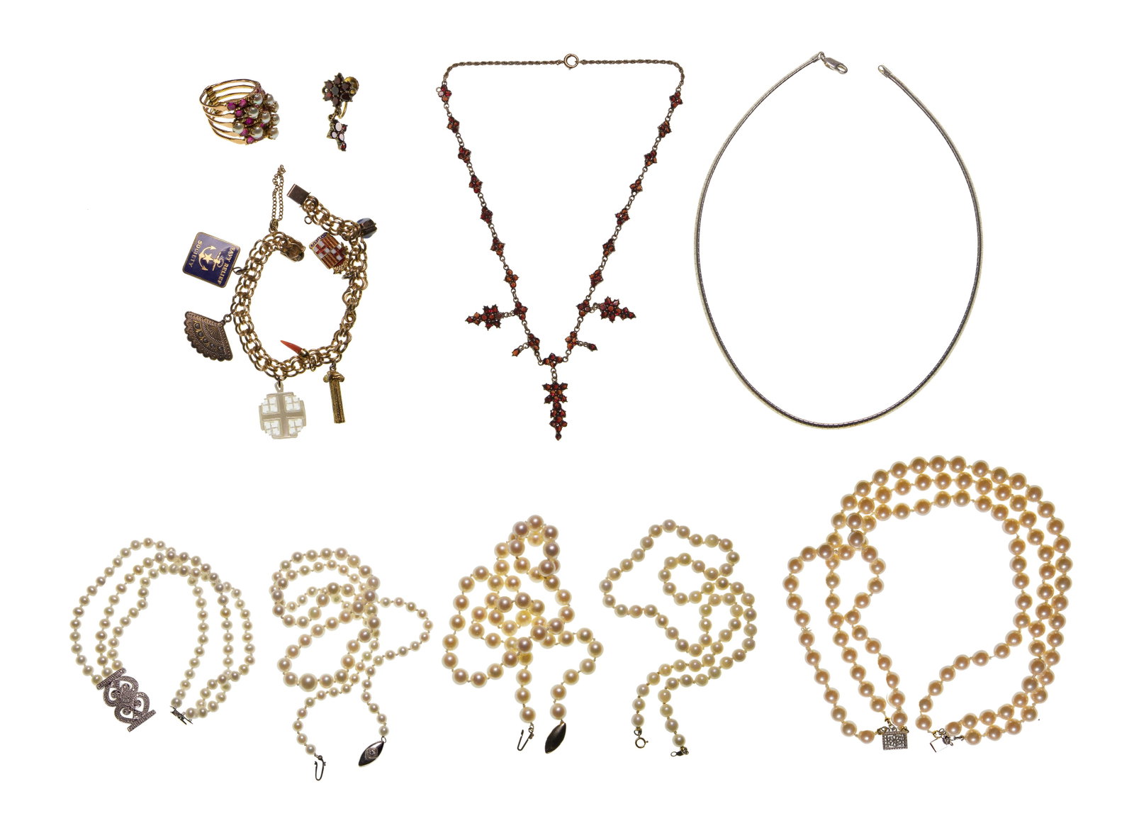 14k Gold and Pearl Jewelry Assortment: 14k Gold and Pearl Jewelry Assortment (6) total items including a ruby and pearl stacked ring, (3) pearl necklaces and a pearl bracelet (most marked '14k'); together with a few items of fashion