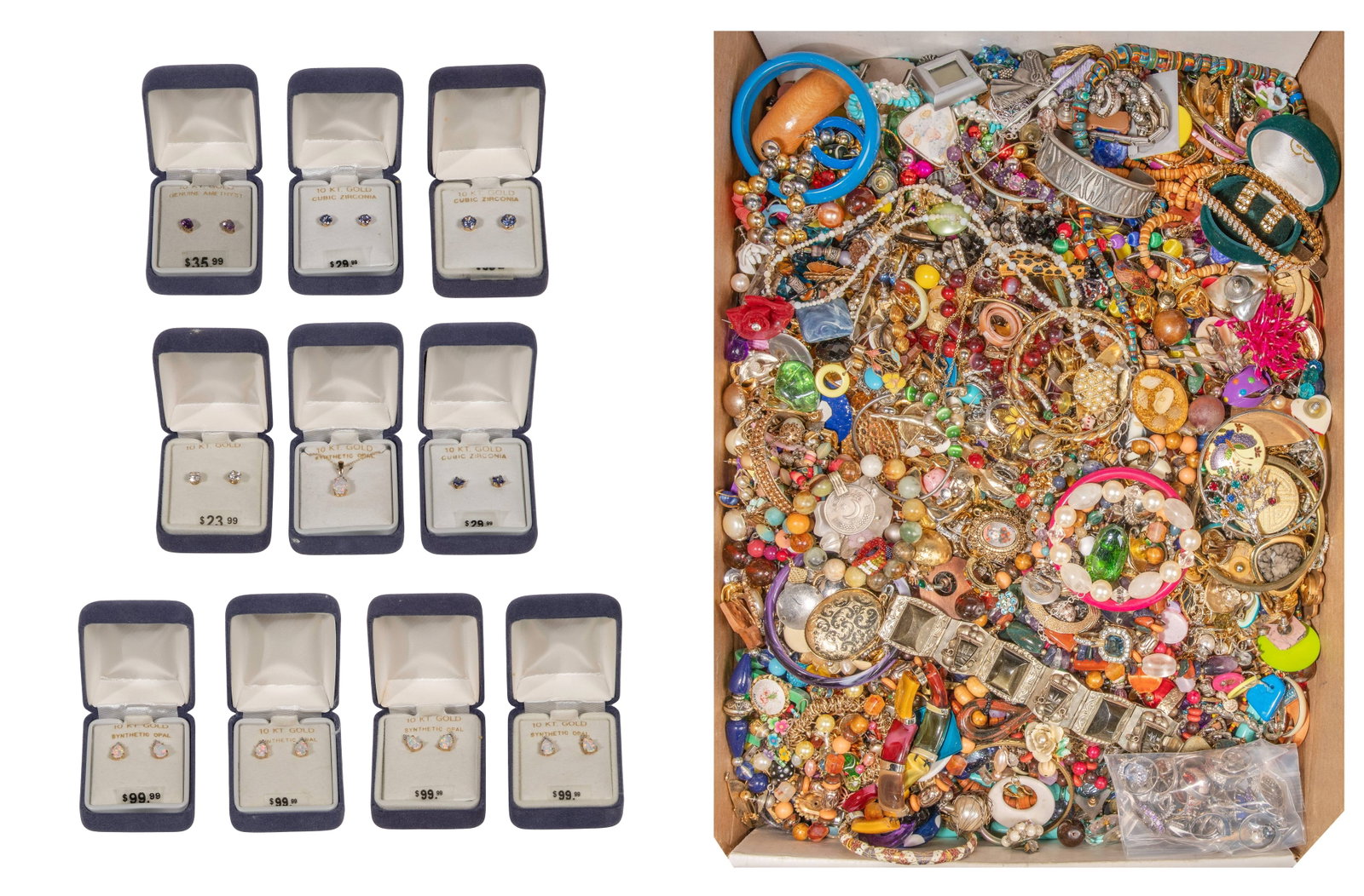 10k Yellow Gold and Costume Jewelry Assortment: 10k Yellow Gold and Costume Jewelry Assortment Including (5) pairs of pierced stud earrings having cubic zirconia in various colors, (4) pairs of pierced stud earrings having pear cut synthetic opal a