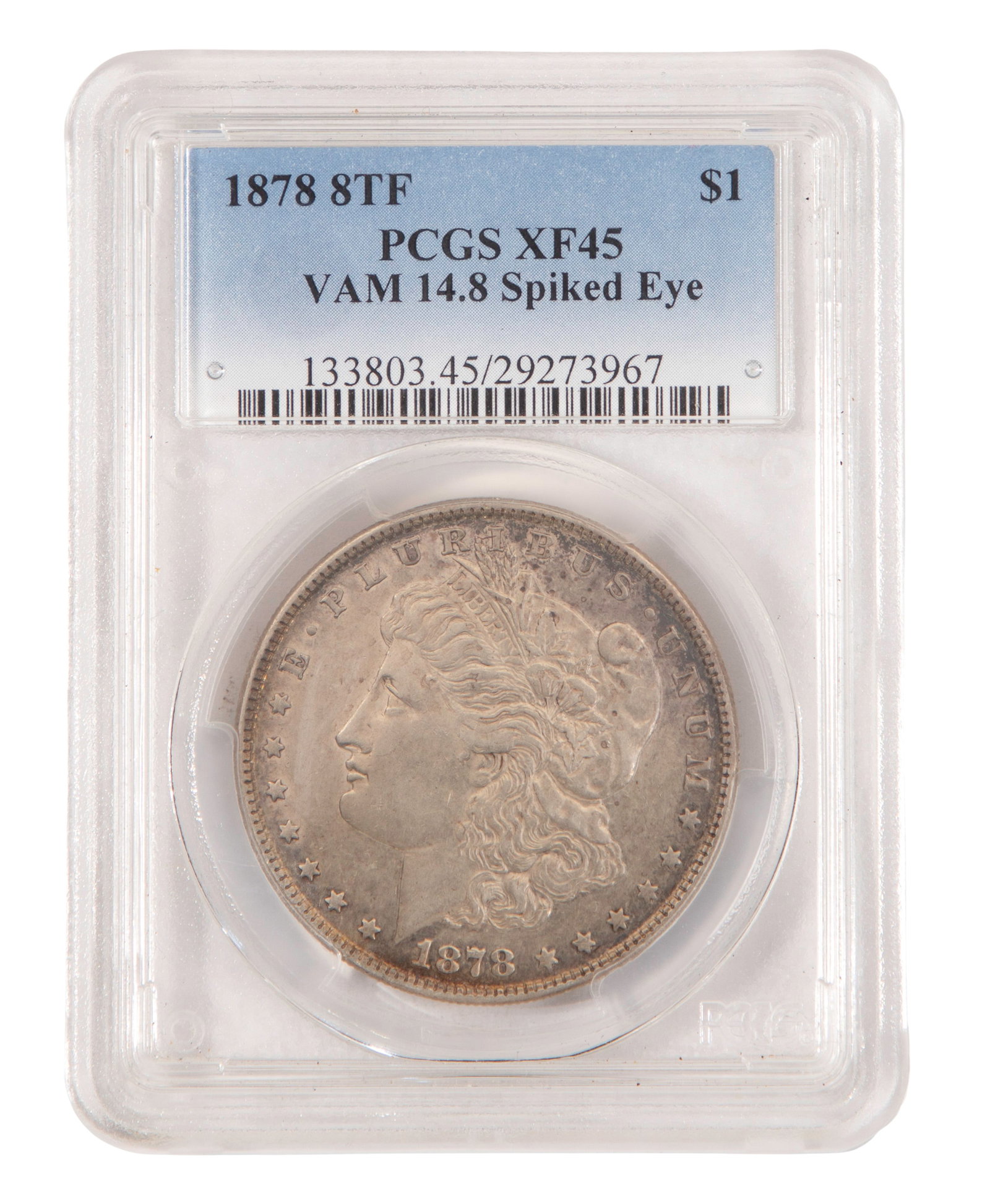 1878 Morgan $1 8TF VAM 14.8 Spiked Eye XF-45 PCGS: 1878 Morgan $1 8TF VAM 14.8 Spiked Eye XF-45 PCGS Property from: an Estate, Mundelein, Illinois Category: Dollars > Morgan Dollar Estimated Sale Time: 3:25 pm CST Shipping Status: Shipping Quote