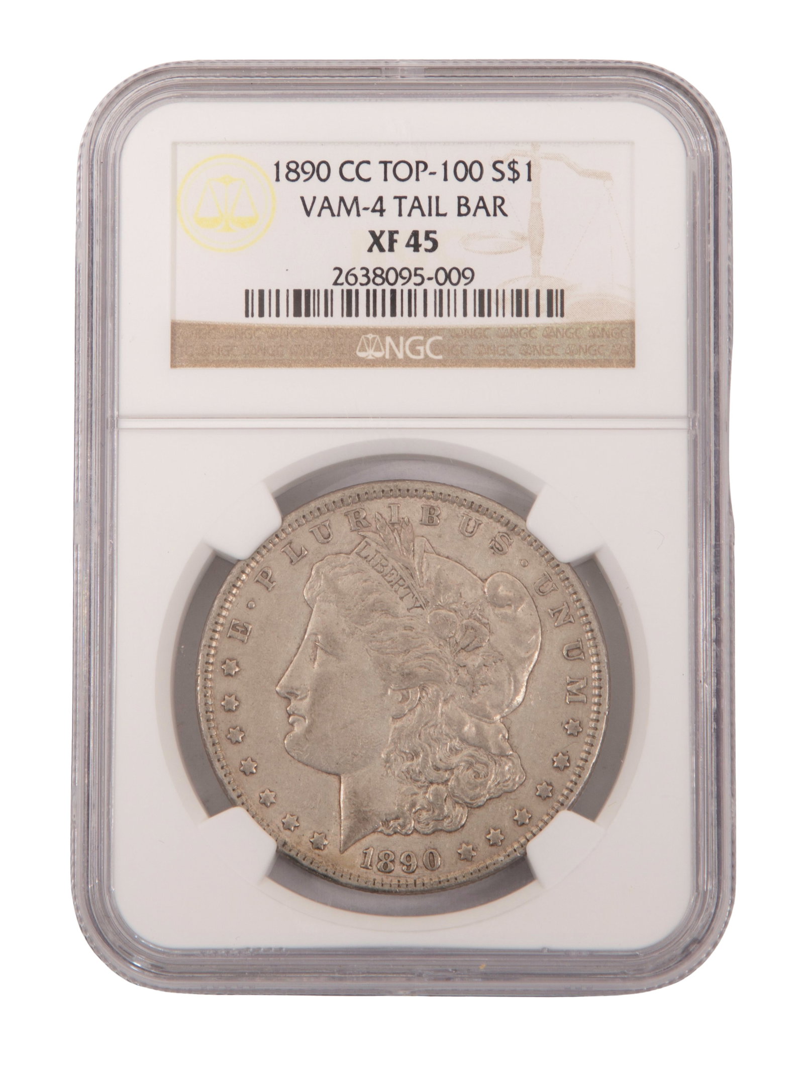 1890-CC Morgan $1 TOP-100 VAM-4 Tail Bar XF-45 NGC: 1890-CC Morgan $1 TOP-100 VAM-4 Tail Bar XF-45 NGC Property from: an Estate, Mundelein, Illinois Category: Dollars > Morgan Dollar Estimated Sale Time: 3:26 pm CST Shipping Status: Shipping Quote