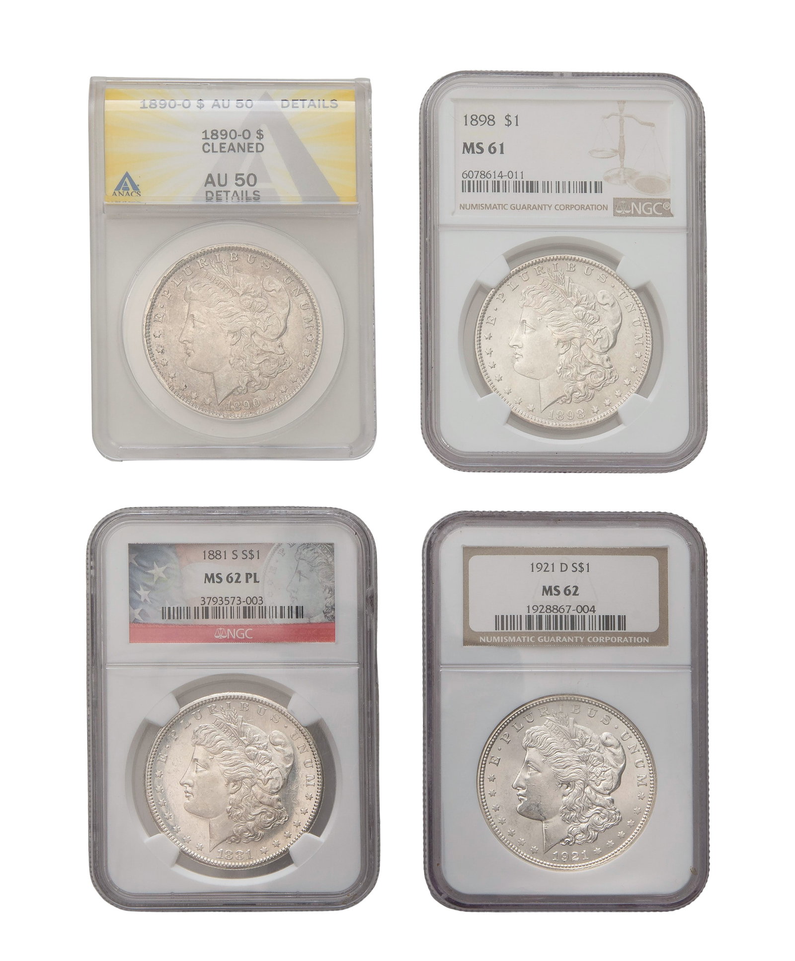 Morgan $1 Graded Assortment: Morgan $1 Graded Assortment (4) items including an 1881-S MS-62 PL NGC, 1890-O AU-50 ANACS, 1898 MS-61 NGC and a 1921-D MS-62 NGC Property from: an Estate, Mundelein, Illinois Category: Dollars >
