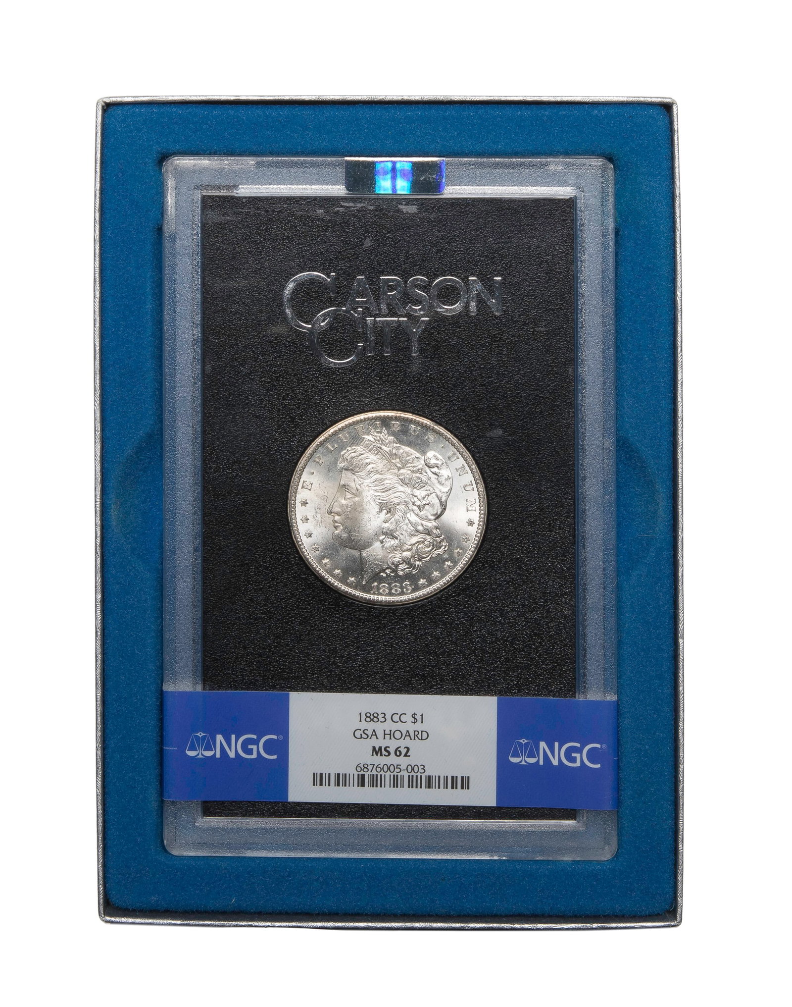1883-CC Morgan $1 GSA Hoard MS-62 NGC: 1883-CC Morgan $1 GSA Hoard MS-62 NGC Having presentation box Property from: an Estate, Mundelein, Illinois Category: Dollars > Morgan Dollar Estimated Sale Time: 3:28 pm CST Shipping Status: