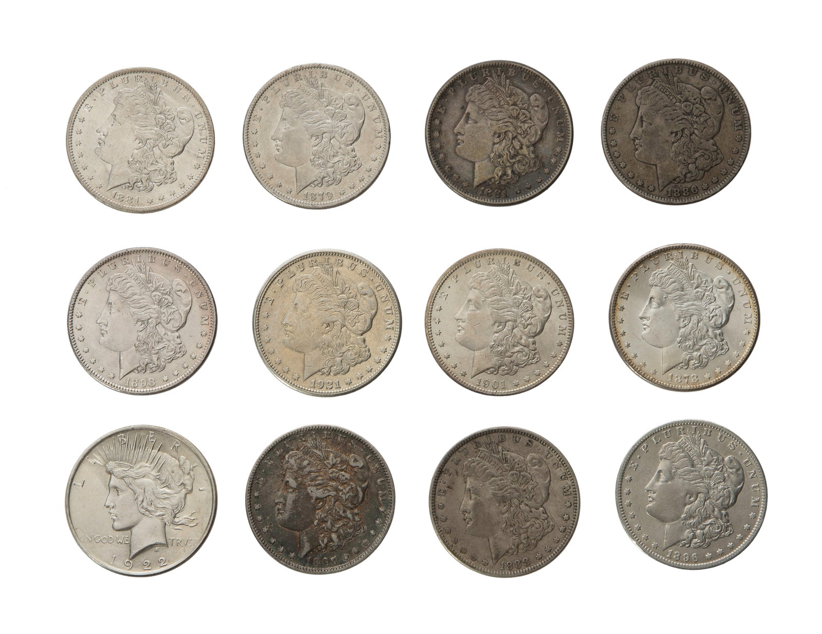 Morgan $1 Assortment: Morgan $1 Assortment (12) total items including (11) Morgan $1 from 1878, 1879-O, 1881-S, 1881-O, 1886, 1888, 1896-O, 1897-O, 1898, 1901, 1921; together with a 1922 Peace $1 Property from: an Estate, 