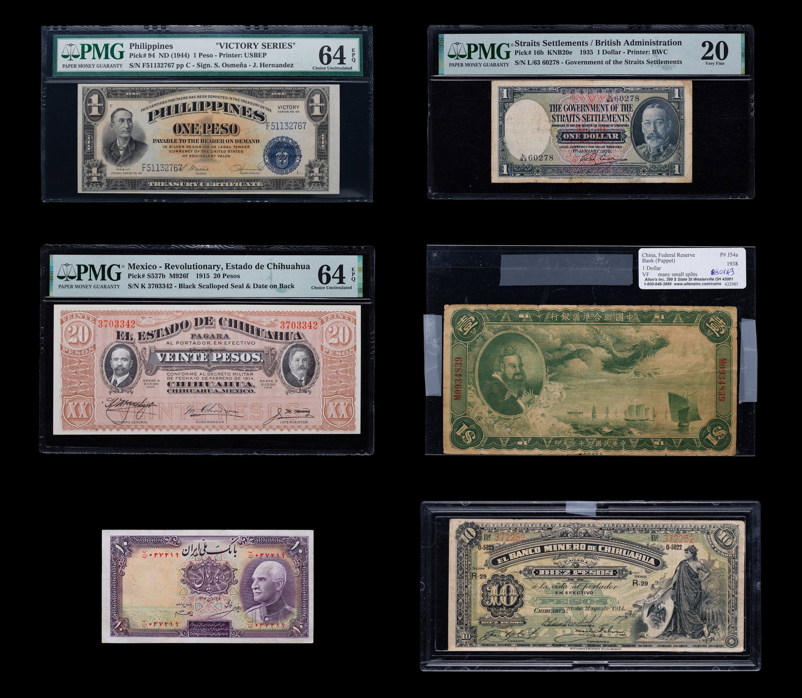 World Graded Currency Assortment: World Graded Currency Assortment (6) total items including a $1 Philippines 'Victory Series', a 20-Pesos Mexico - Revolutionary, Estado de Chihuahua and a $1 Straits Settlements, all in PMG holders;