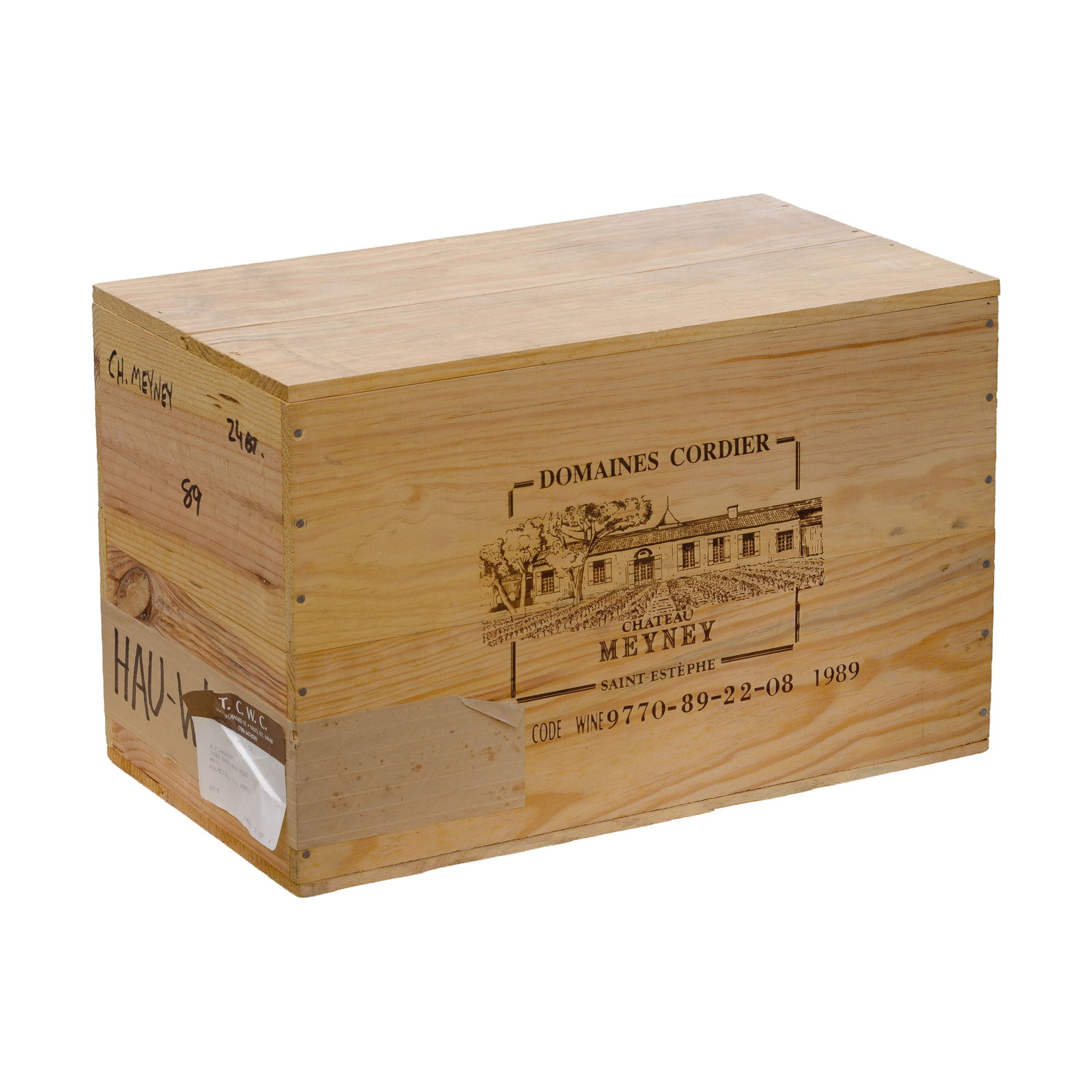 1989 Chateau Meyney: 1989 Chateau Meyney 1989 Chateau Meyney (24x 750ml), Saint-Estephe, France, sealed OWC having writing Provenance: consigned by the estate of the original owner, found in humidity controlled, 55 degree