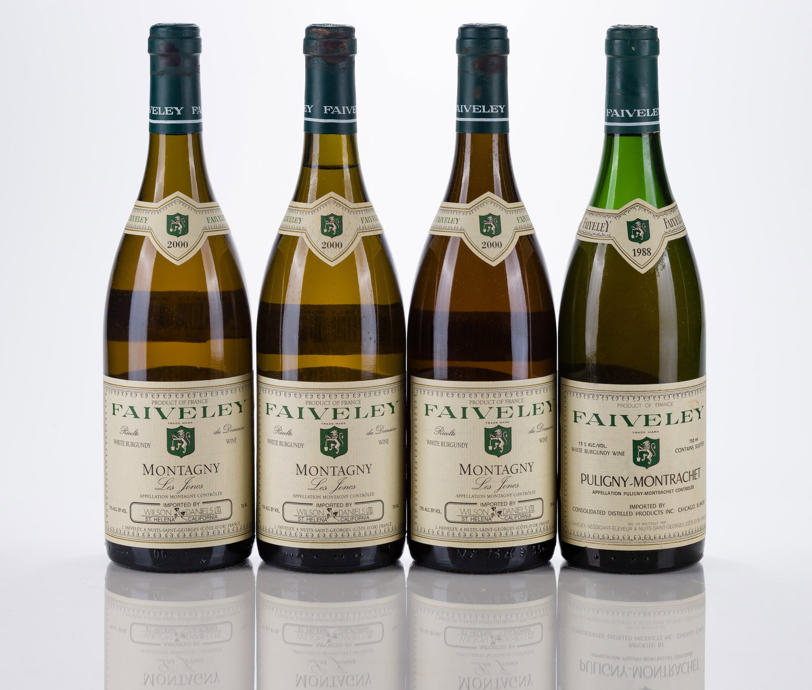 Faiveley Puligny-Montrachet White Wine: Faiveley Puligny-Montrachet White Wine 1988 Faiveley Puligny-Montrachet white wine (1x 750ml), Cote de Beaune, France, fill: 5cm, 2000 Faiveley Puligny-Montrachet white wine (3x 750ml), Cote de