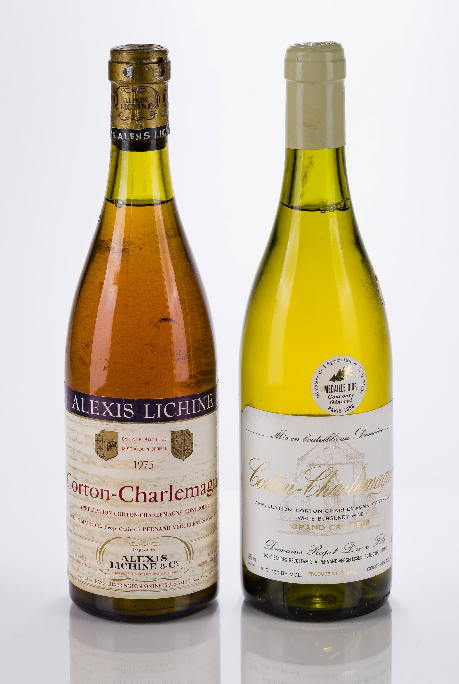 1973 and 1996 Corton-Charlemagne White Burgundy: 1973 and 1996 Corton-Charlemagne White Burgundy 1973 Corton-Charlemagne (1 x 750ml), Bourgogne, France, fill: 2.5cm, 1996 Grand Cru Corton-Charlemagne (1 x 750ml), Bourgogne, France, fill: 3cm, labels