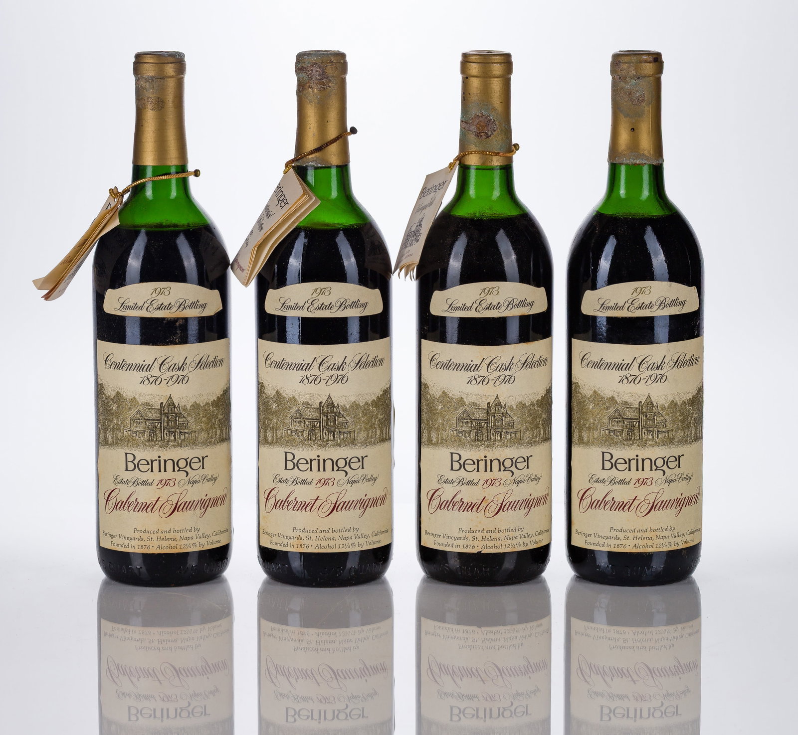 1973 Beringer Centennial Cask Cabernet Sauvignon: 1973 Beringer Centennial Cask Cabernet Sauvignon 1973 Beringer Centennial Cask Cabernet Sauvignon (4x 750ml), Napa Valley, California, fill: HS, labels: fully legible, intact having minor shelf wear,