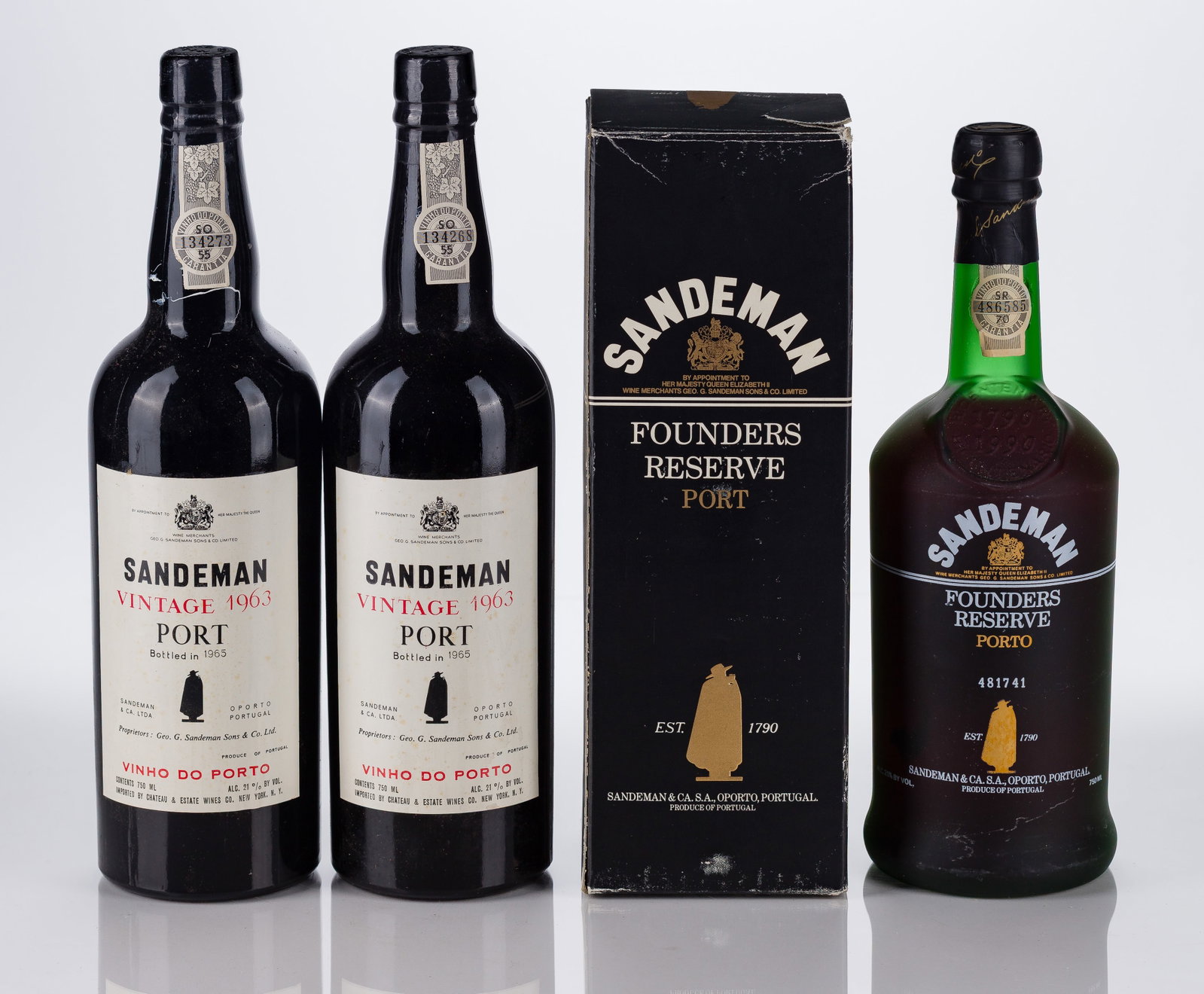 Sandeman Vintage Port and Founders Reserve Port: Sandeman Vintage Port and Founders Reserve Port Sandeman Vintage 1963, bottled 1965, Oporto, Portugal (2x 750ml), fill: unable to assess, labels: fully legible, intact having minor shelf wear, capsule