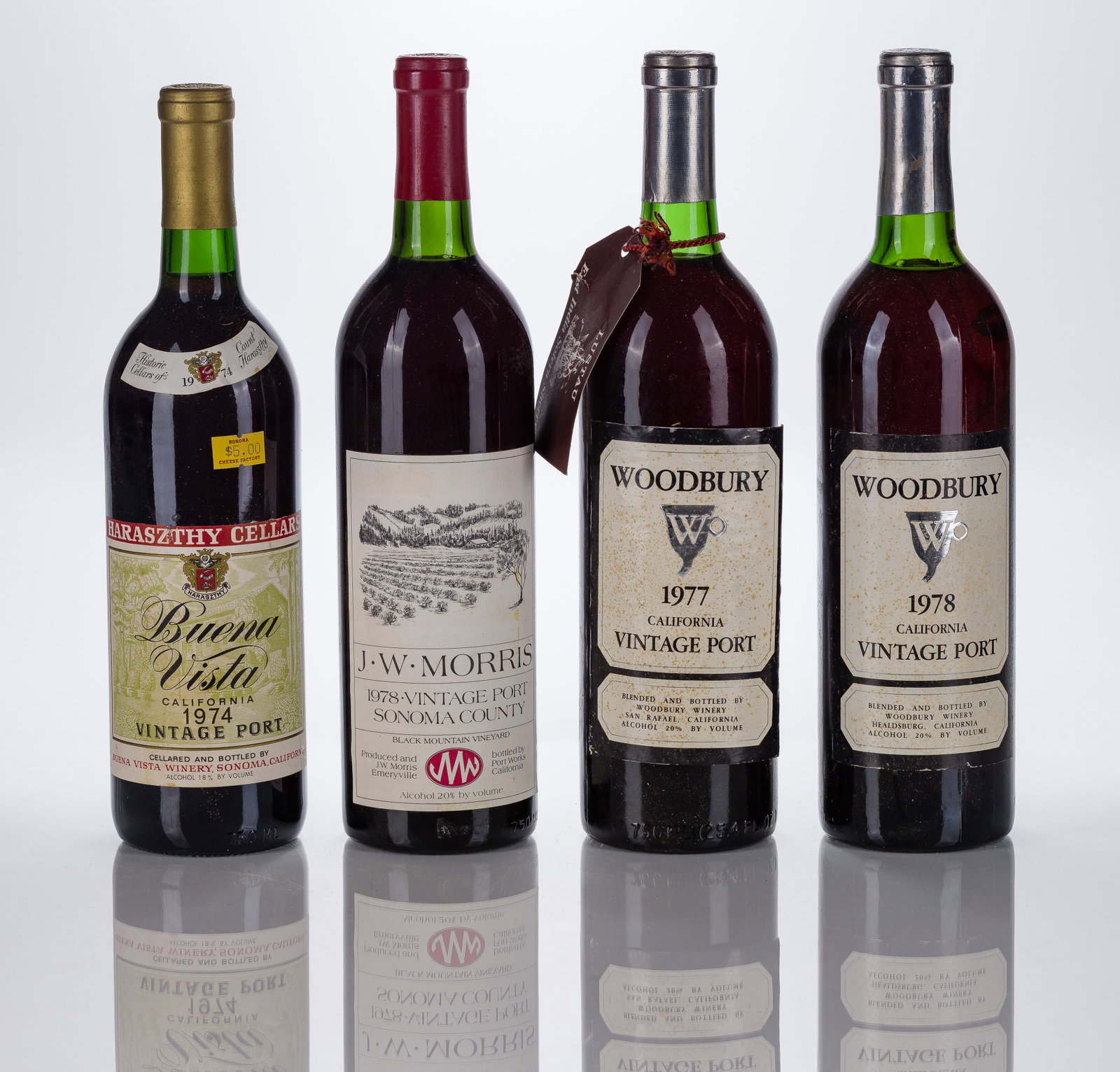 California Port Wines: California Port Wines 1977 and 1978 Woodbury (2x 750ml), 1974 Buena Vista (1x 750ml) and 1978 JW Morris (1x 750ml), fill: BN, labels: fully legible, intact having minor shelf wear, capsules / corks: