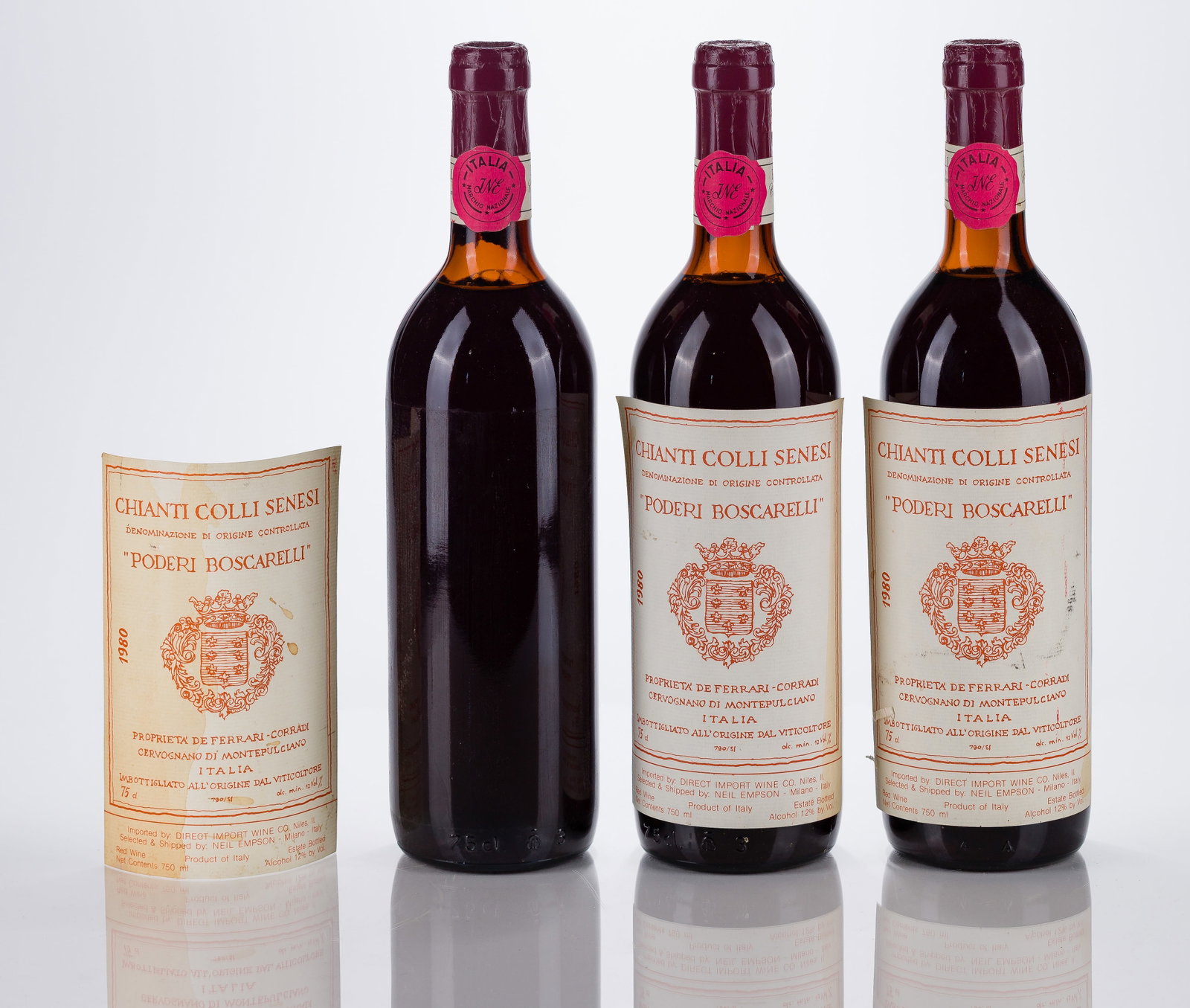 1980 Chianti Colli Senesi Poderi Boscarelli Red Wine: 1980 Chianti Colli Senesi Poderi Boscarelli Red Wine 1980 Chianti Colli Senesi Poderi Boscarelli (3x 750ml), Viticoltore, Italy, fill: BN, labels: fully legible, intact having minor shelf wear, one