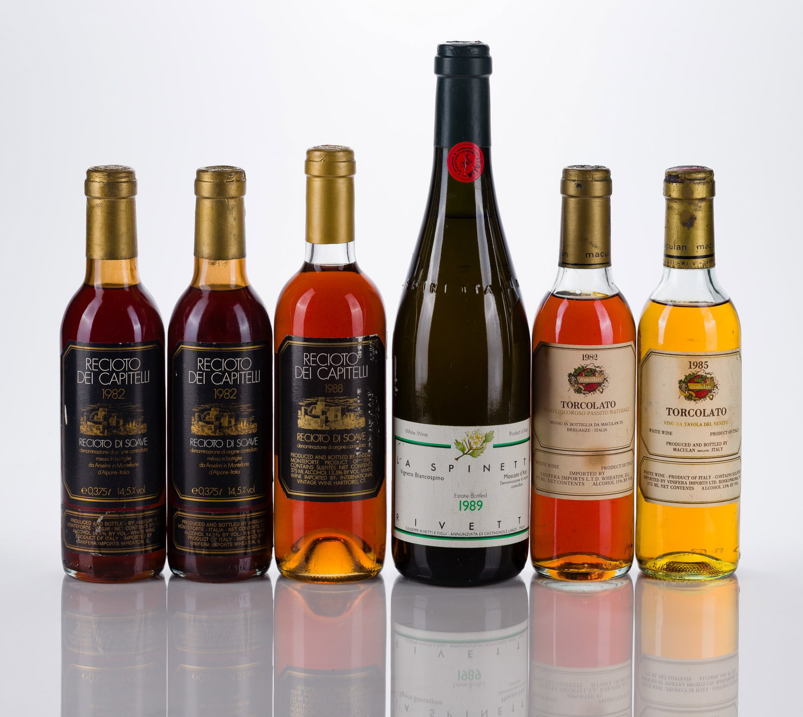 Italian Mixed Wines: Italian Mixed Wines 1982 (2x 375ml), 1988 (1x 375ml), Recioto DCapitelli white wine, d'Alpone, Italy, fill: BN, labels: fully legible, intact having minor shelf wear, scuffs, tears, capsules / corks: