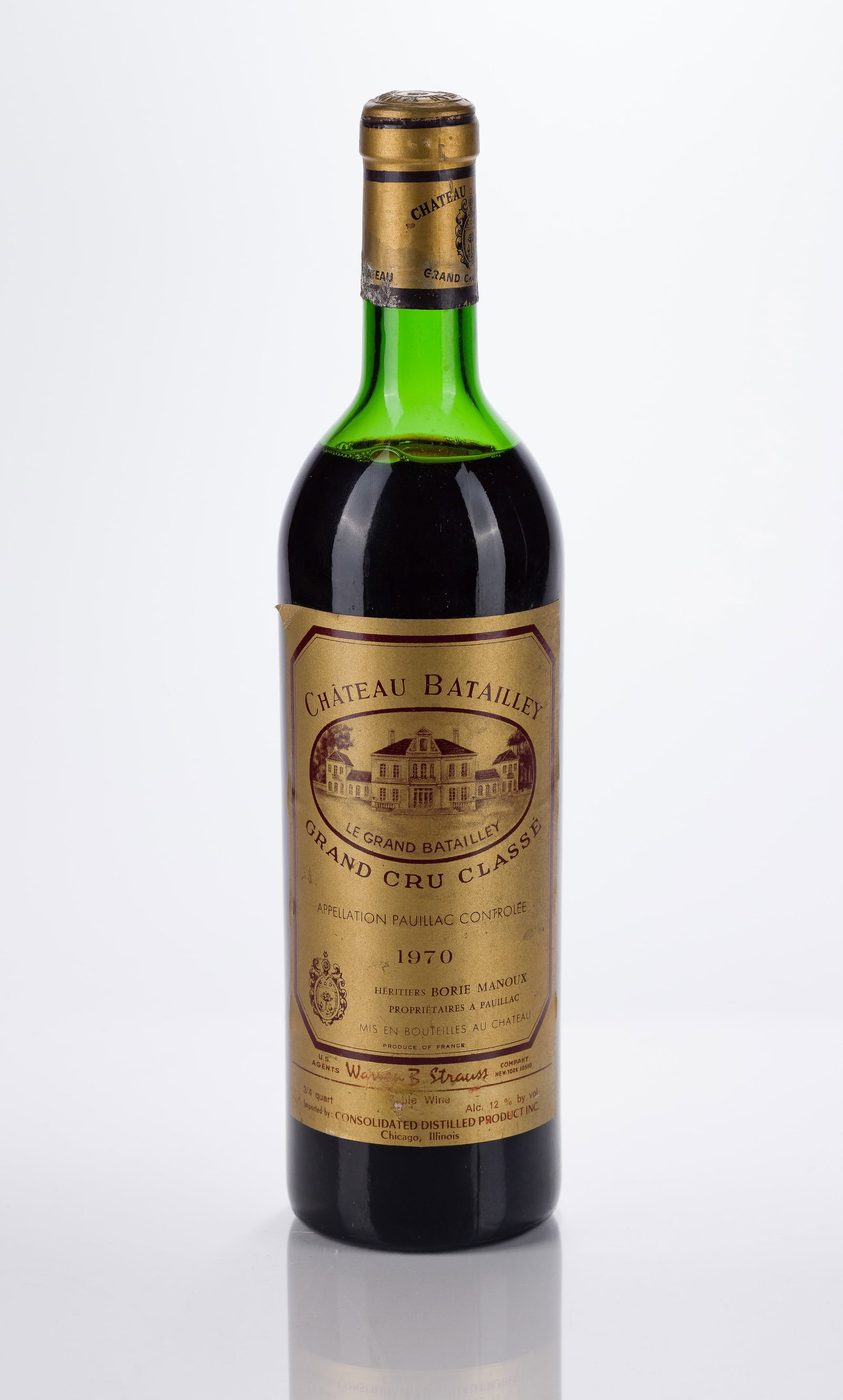 1970 Chateau Batailley Bordeaux Grand Cru: 1970 Chateau Batailley Bordeaux Grand Cru 1970 Chateau Batailley Bordeaux Grand Cru Class (1x 750ml), Pauillac, France, fill: HS, labels: fully legible, intact, having minor shelf wear, bent corner, s