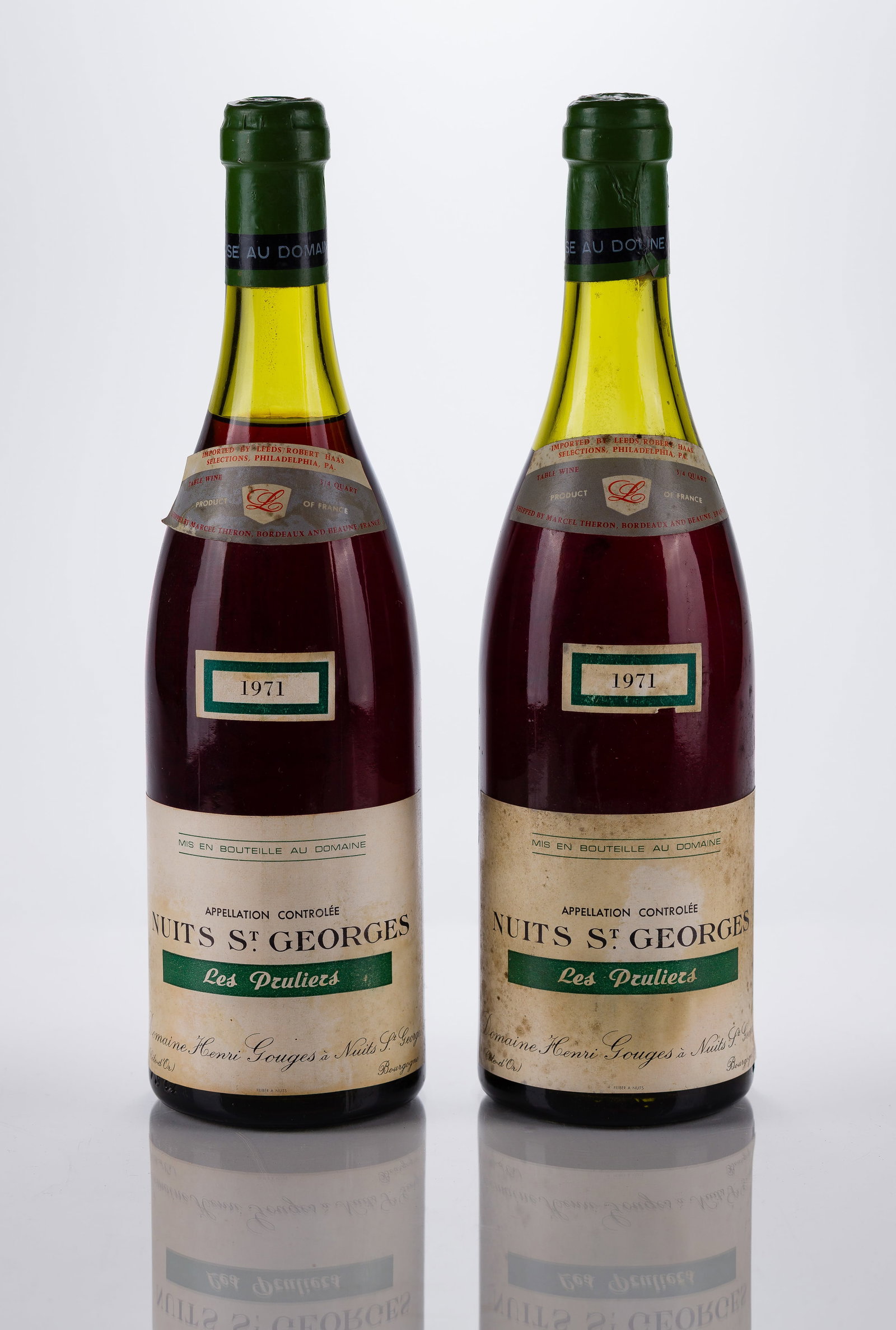 1971 Domaine Henri Gouges Nuits St. Georges: 1971 Domaine Henri Gouges Nuits St. Georges 1971 Domaine Henri Gouges Nuits St. Georges Burgundy (2x 750ml), Bourgogne, France, fill: 5cm, 4cm, labels: fully legible, intact, bin soiled, capsules /