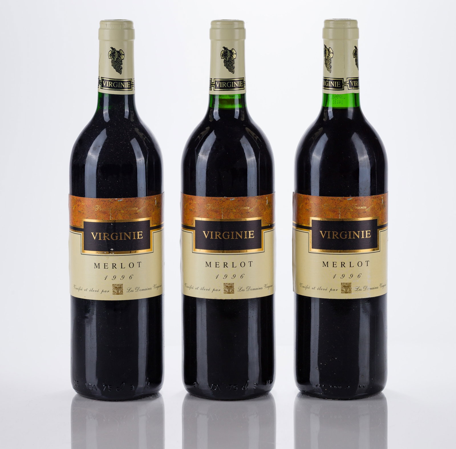 1996 Virginie Merlot: 1996 Virginie Merlot 1996 Virginie Merlot (3x 750ml), Bordeaux, France, fill: BN, labels: fully legible, intact, having minor shelf wear, capsules / corks: firm, original, no signs of leakage or corro