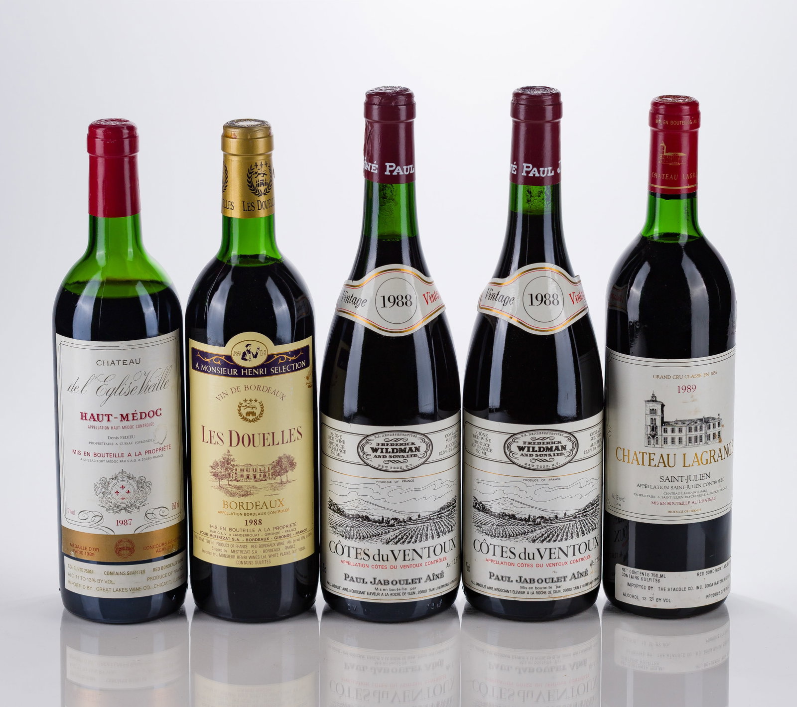 French Mixed Bordeaux: French Mixed Bordeaux 1987 Chateau de l'Eglise Haut-Medoc (1x 750ml), fill: HS, 1989 Chateau Lagrange (1x 750ml), fill: BN, 1988 Cotes du Ventoux (2x 750ml), fill: 3cm, 1.5cm, 1988 Les Douilles (1x 75