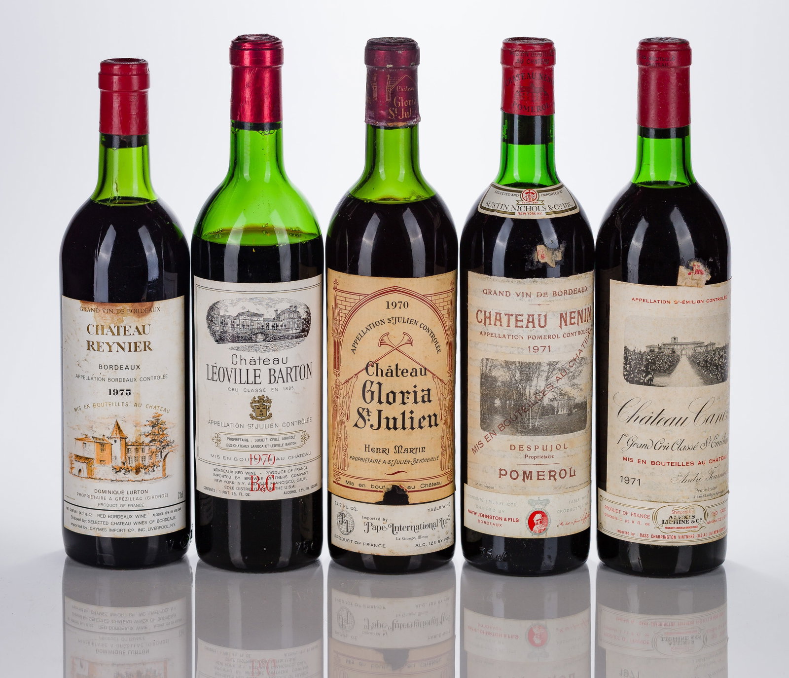 French Mixed Wines: French Mixed Wines 1970 Chateau Leonveill Barton (1x 750ml), fill: HTMS, 1970 Chateau Gloria (1x 750ml), fill: TN, 1971 Chateau Nenin (1x 750ml), fill: TN, 1971 Chateau Canon Grand Cru (1x 750ml), fil