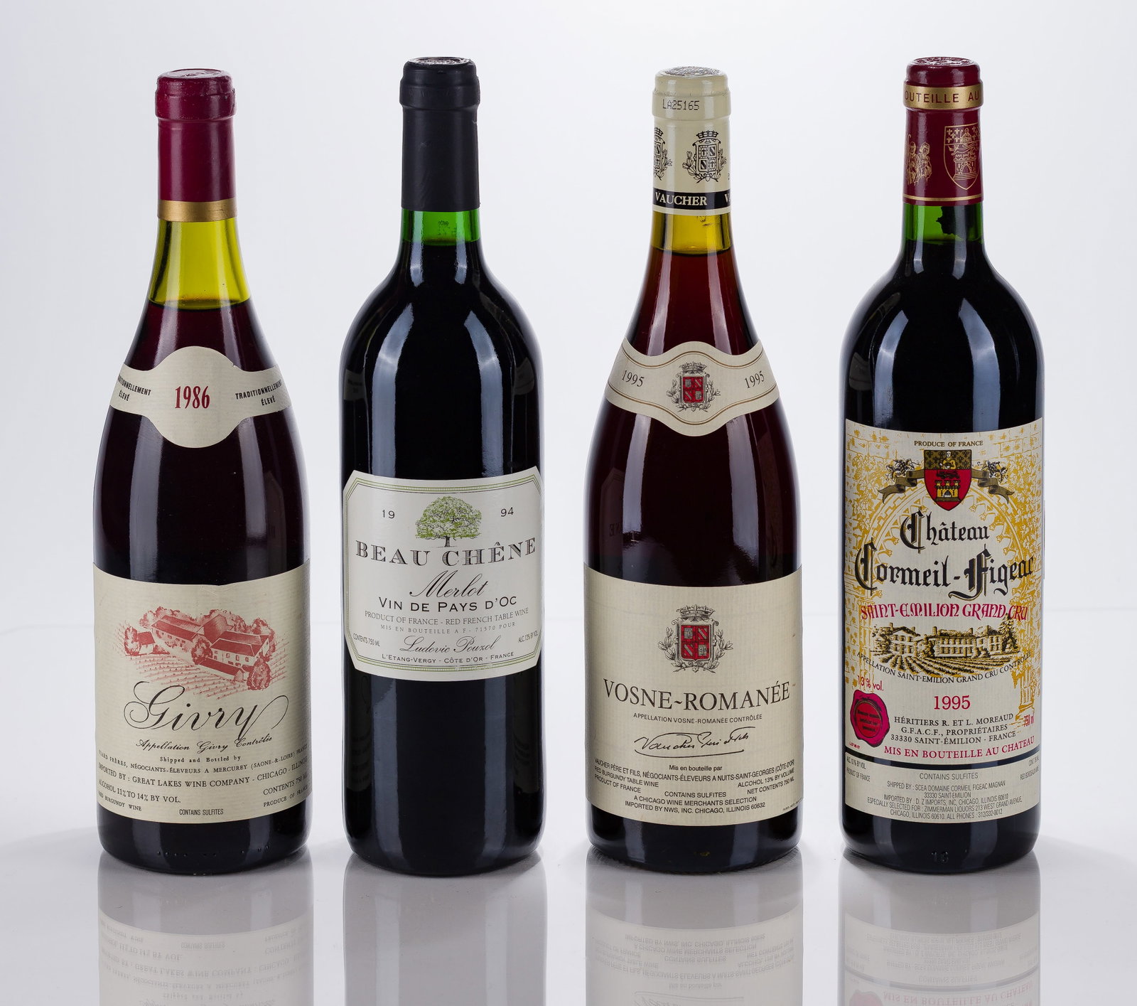French Mixed Wines: French Mixed Wines 1986 Givry Clos Salomon (1x 750ml), fill: 3cm, 1994 Beau Chene Merlot (1x 750ml), fill: BN, 1995 Vosne-Romanee (1x 750ml), fill: 1cm, 1995 Chateau Cormeil-Figeac Grand Cru (1x 750ml