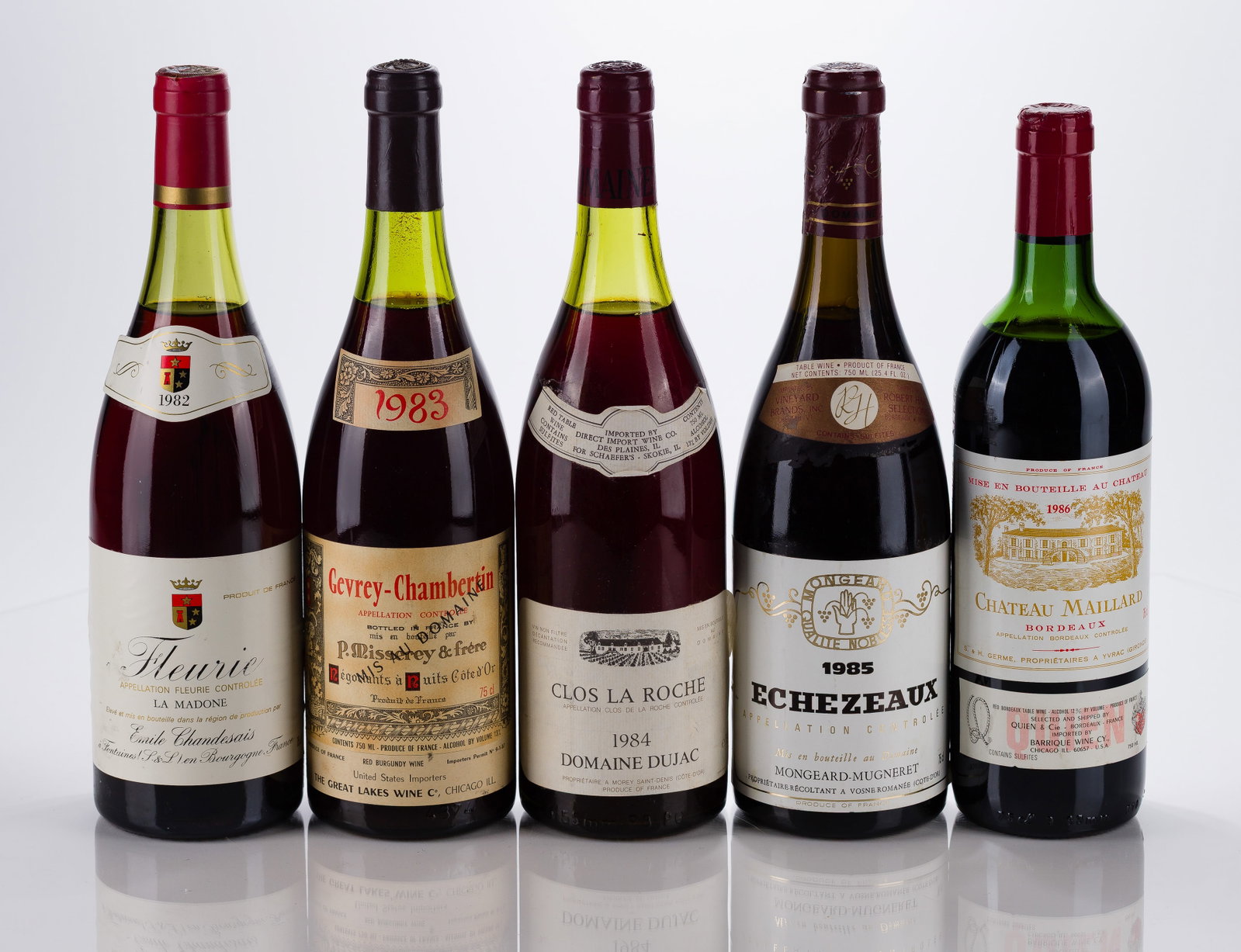 French Mixed Wines: French Mixed Wines 1982 Fleurie La Madone (1x 750ml), Burgundy, France, fill: 4cm, 1983 Gevrey-Chambertin (1x 750ml), Burgundy, France, fill: 4cm, 1984 Clos La Roche (1x 750ml), Cote D'Or, France, fil