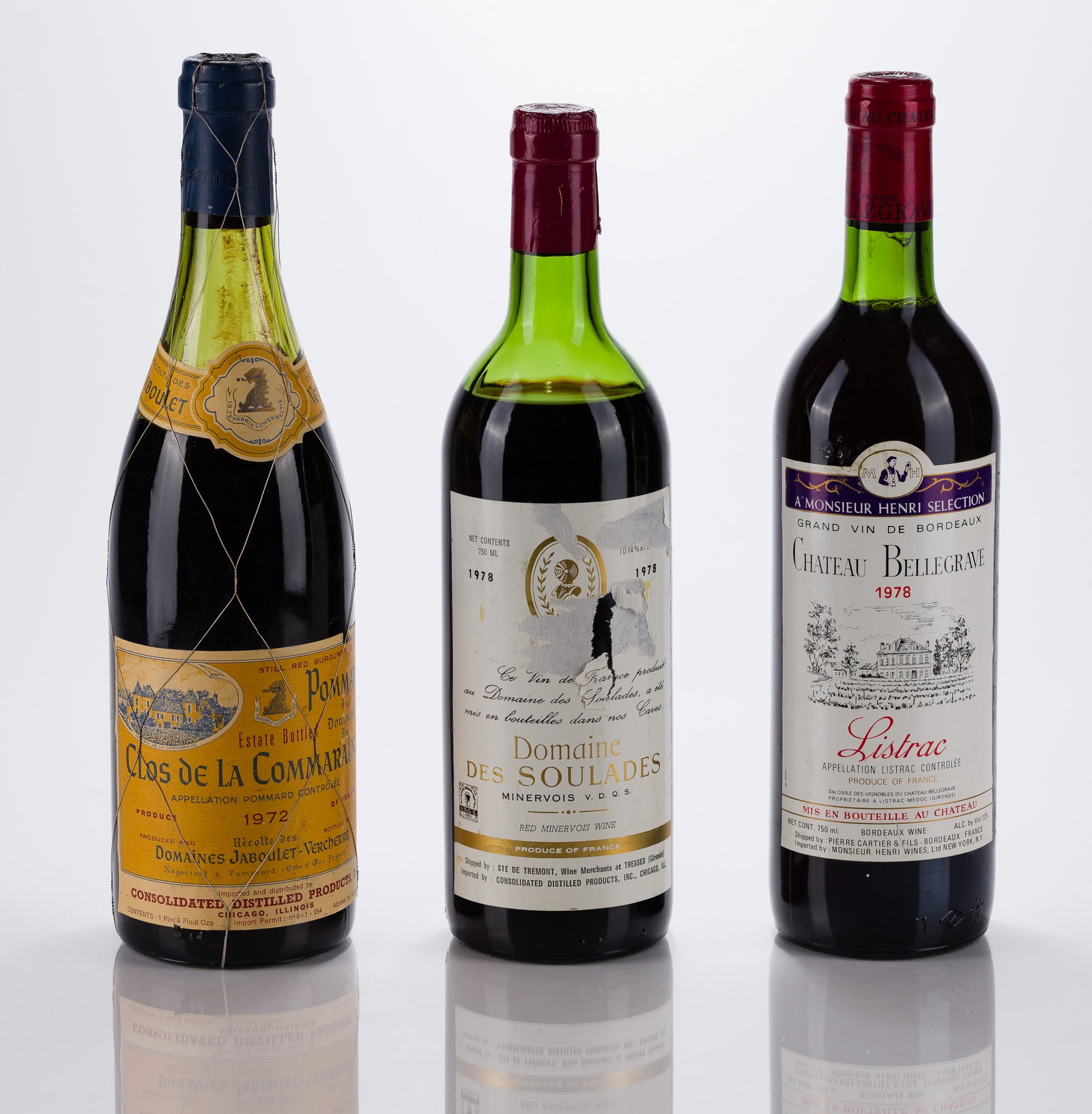 French Mixed Wines: French Mixed Wines 1972 Clos de la Commaraine (1x 750ml), Pommard, France, 1978 Chateau Bellegrave (1x 750ml), Listrac, France, 1978 Domaine des Soulanes (1x 750ml), Minervois, France, labels: fully l