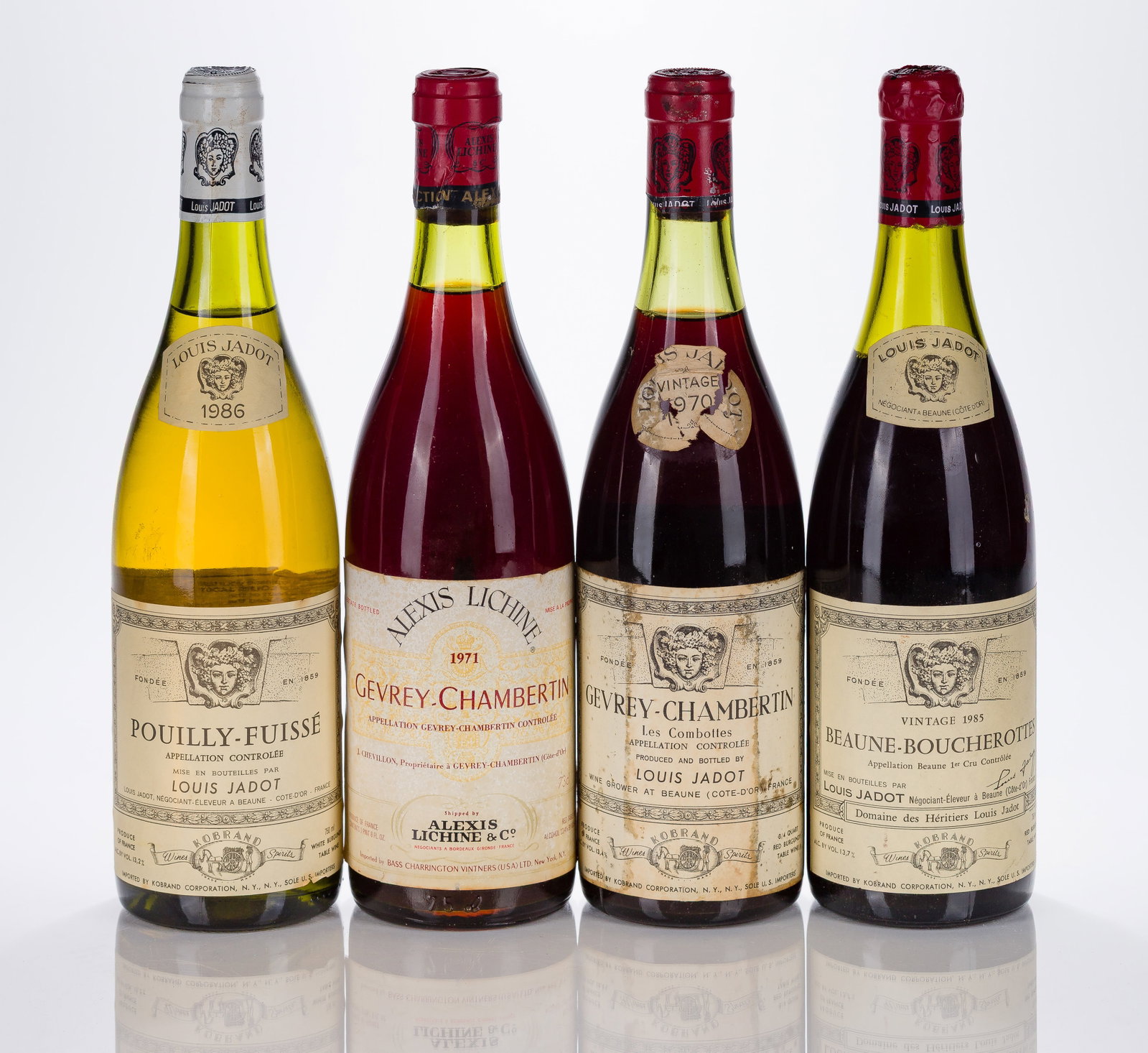 French Mixed Wines: French Mixed Wines 1970 Louis Jadot Gevrey-Chambertin (1x 750ml), fill: 3.6cm, 1971 Gevrey-Chambertin (1x 750ml), fill: 2.2cm, 1985 Louis Jadot Beaune-Boucherottes (1x 750ml), fill: 4.7cm, 1986 Pouill