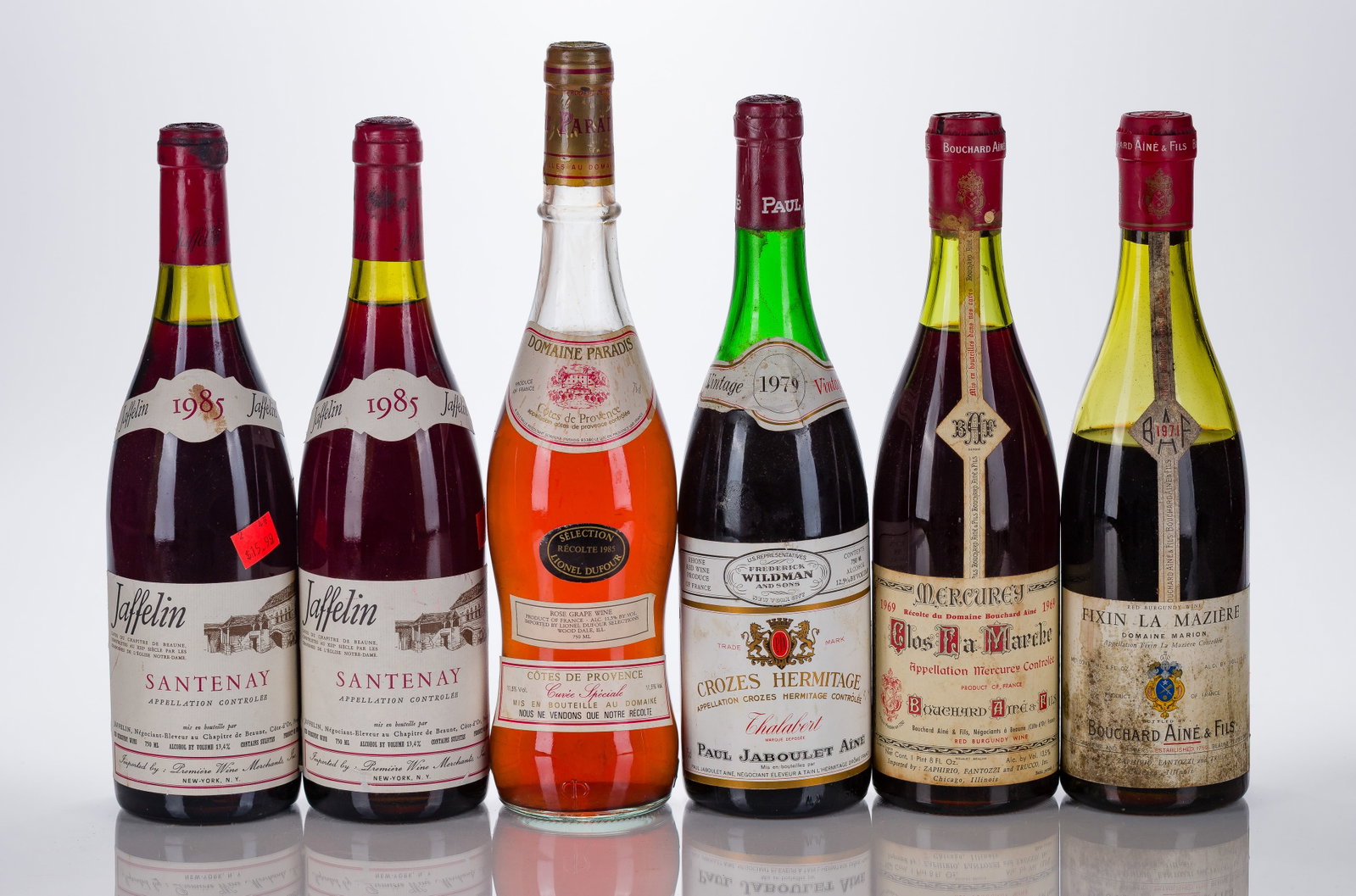 French Mixed Wines: French Mixed Wines Various red wines (6x 750ml), including Cabernet, Burgundy, Rose, fill: 9cm or better, labels: fully legible, intact having wear, bin stains, wrinkle, scuffs minor tears, capsules