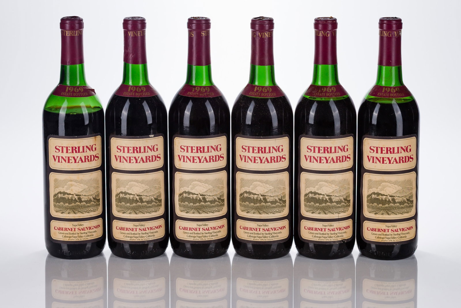 1969 Sterling Vineyards Cabernet Sauvignon: 1969 Sterling Vineyards Cabernet Sauvignon 1969 Sterling Vineyards Cabernet Sauvignon (6x 750ml), Napa Valley, California, fill: TS / HTMS, labels: fully legible, intact having tears, nicks, scuffs, m