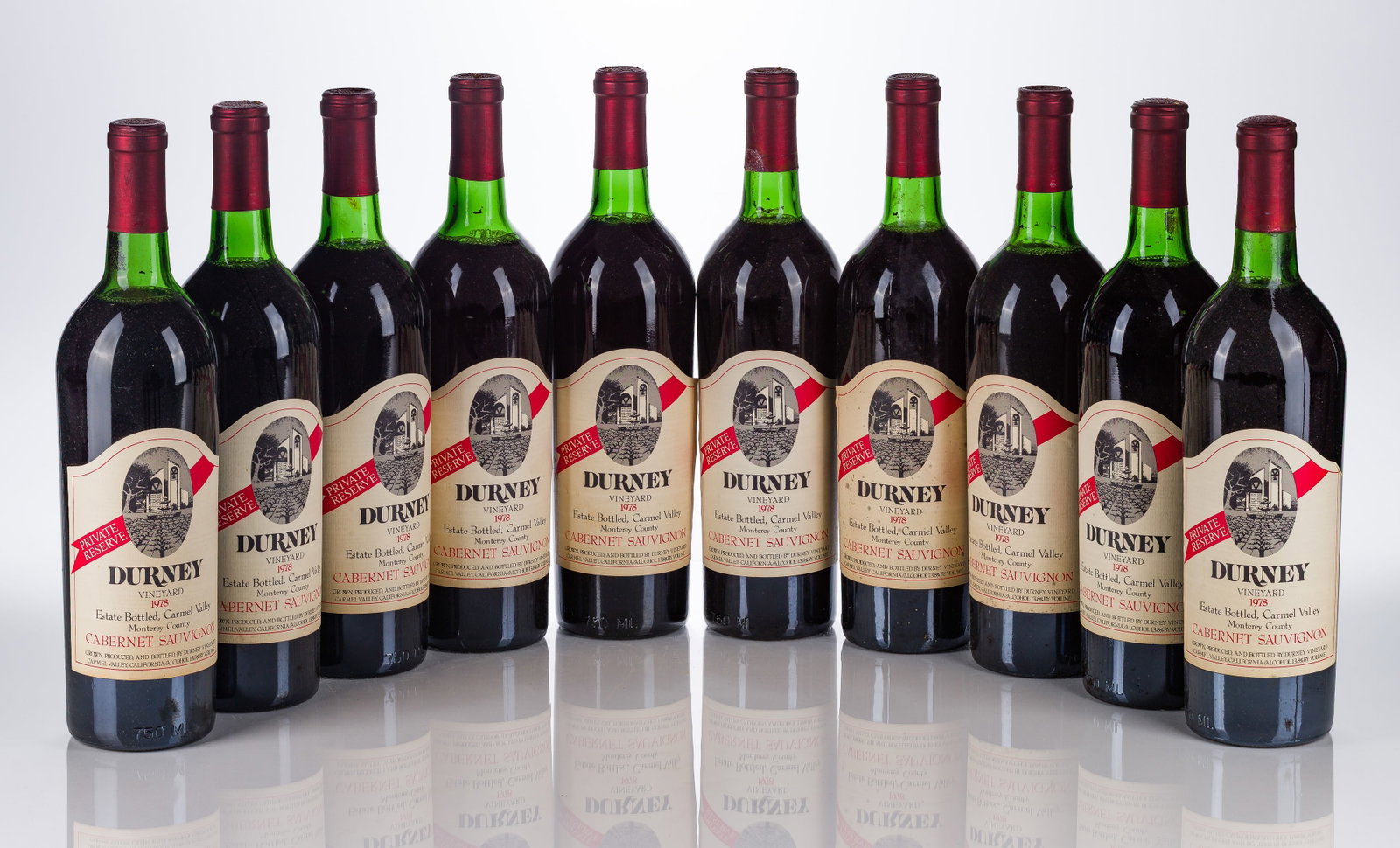 1978 Durney Estate Bottled Cabernet Sauvignon: 1978 Durney Estate Bottled Cabernet Sauvignon 1978 Durney Estate Bottled Cabernet Sauvignon (10x 750ml), Carmel Valley, California, fill: BN, labels: fully legible, intact having minor shelf wear,