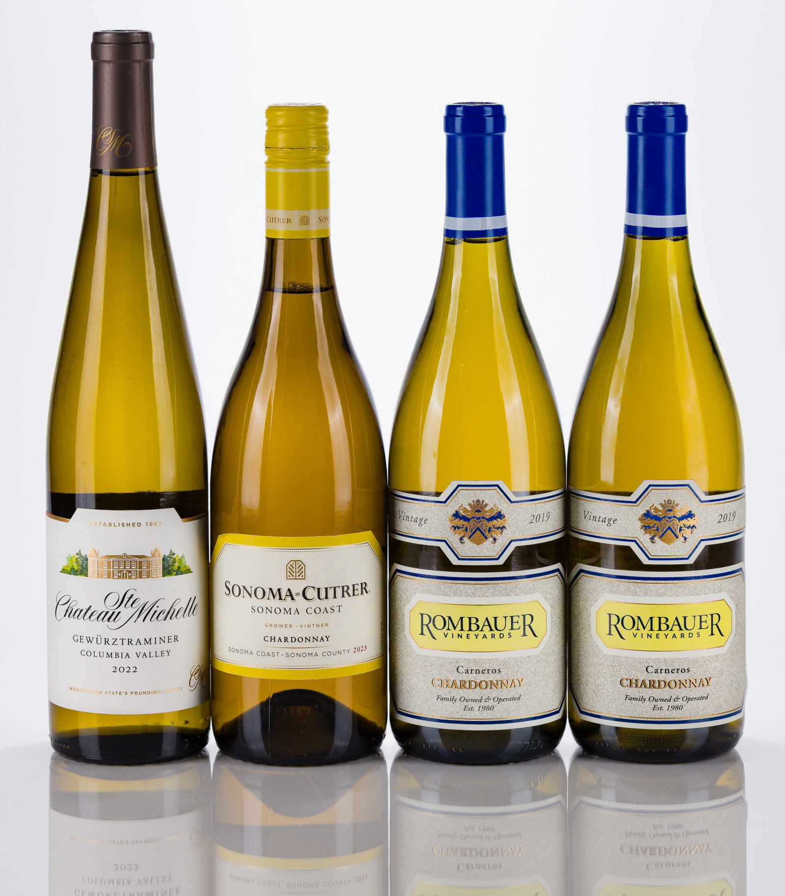 California and Washington State Mixed Wines: California and Washington State Mixed Wines 2019 Rombauer Vineyards, Napa, California (2x 750ml), fill: 0.25cm, 2022 Chateau Ste Michelle, Columbia Valley, Washington (1x 750ml), fill: 2cm, 2023 Sonom