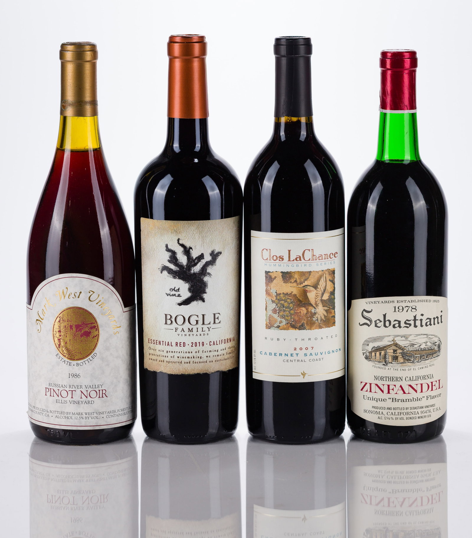 California Mixed Wines: California Mixed Wines 1978 Sebastiani, Sonoma (1x 750ml), fill: BN,1986 Mark West Vineyards, Russian River (1x 750ml), fill: N,2007 Clos LaChance, San Martin (1x 750ml), fill: N,2019 Bogle Family, Cl