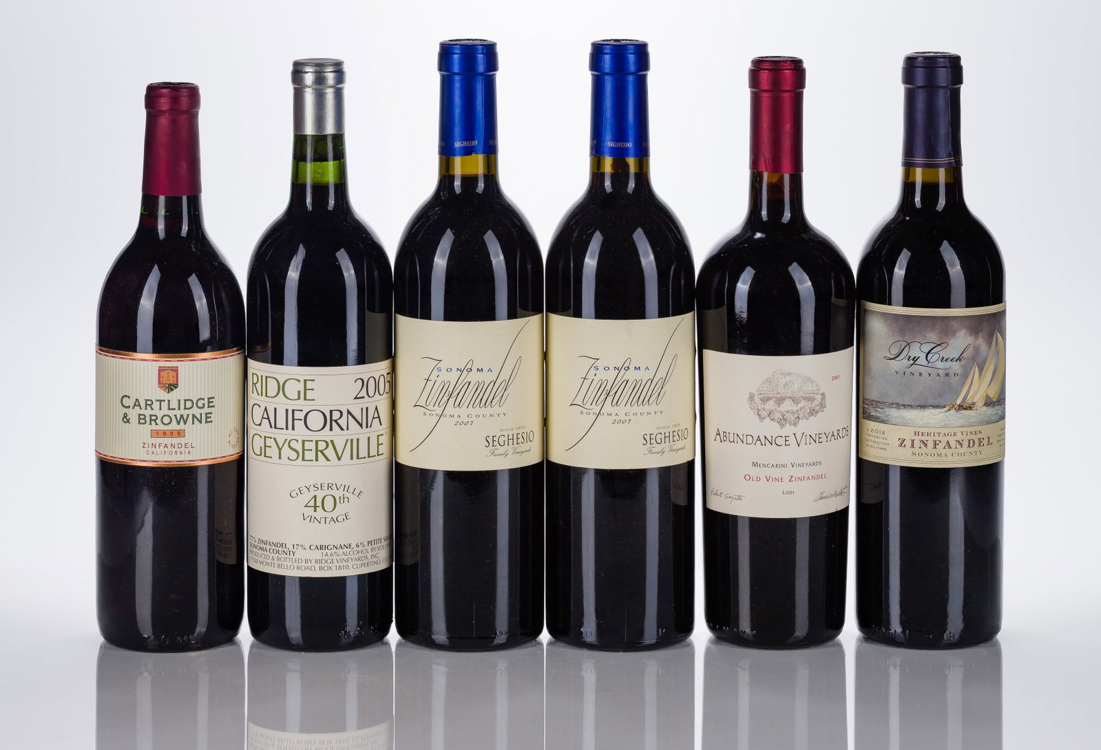 California Zinfandel: California Zinfandel (6x 750ml) including vineyards such as Dry Creek, Abundance, Cartlidge Brown, Ridge, Sonoma, fill: BN, labels: fully legible, intact having minor shelf wear, capsules / corks: